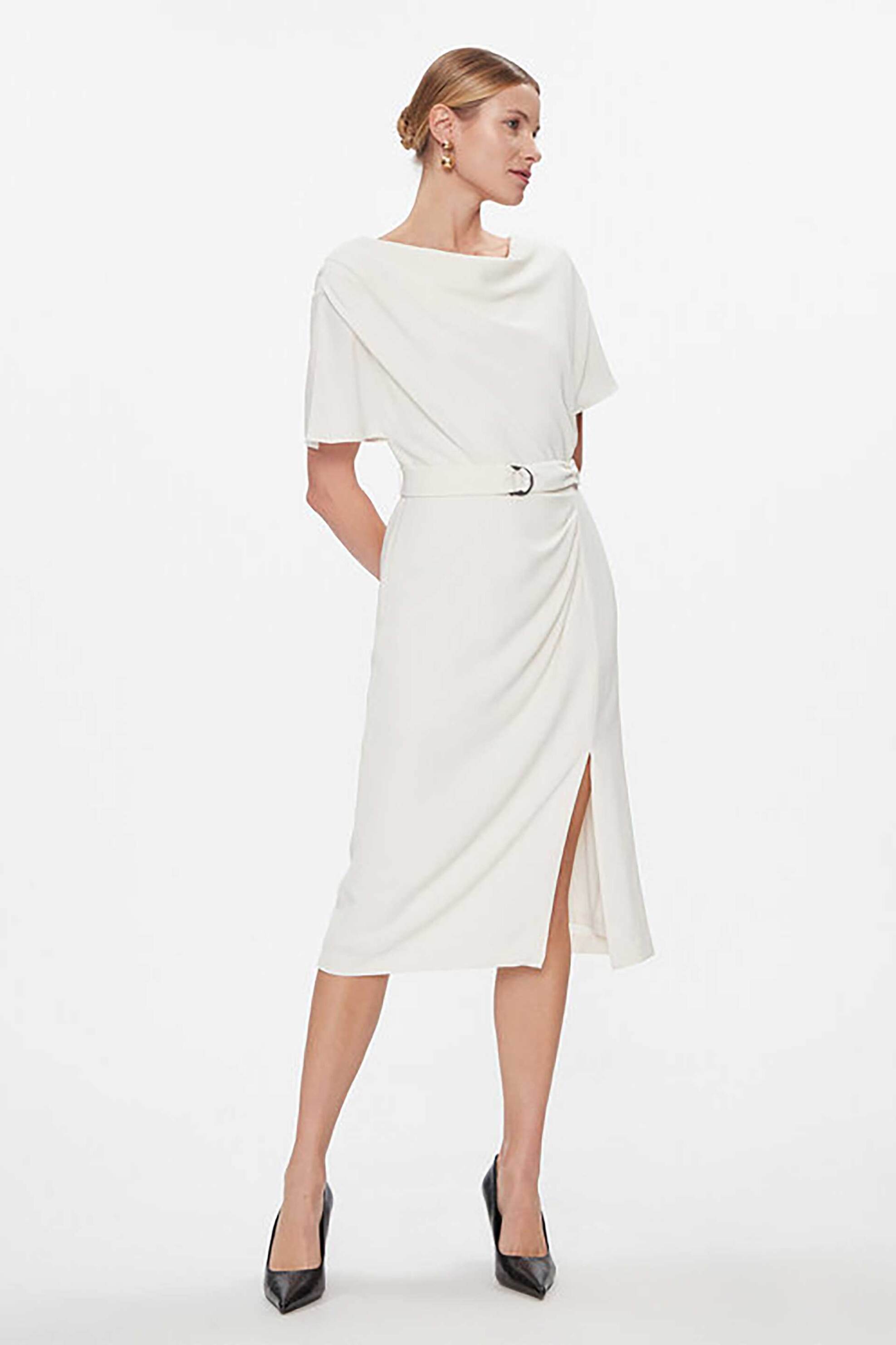 DKNY γυναικείο midi φόρεμα με άνοιγμα στο πλάι και ζώνη στη μέση - DD3J233A Εκρού