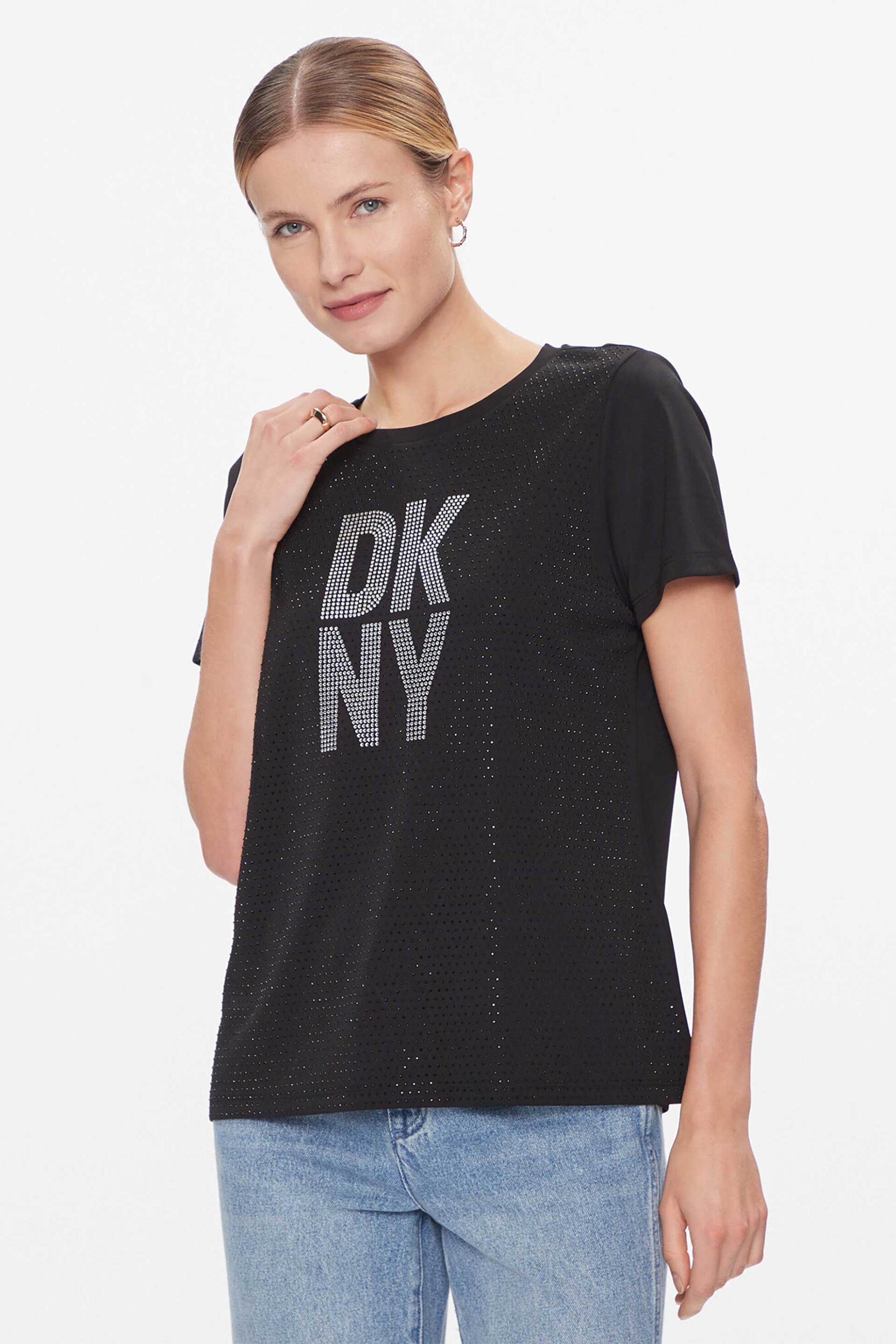 DKNY γυναικεία μπλούζα με strass logo μπροστά - P3JHXDNA Μαύρο