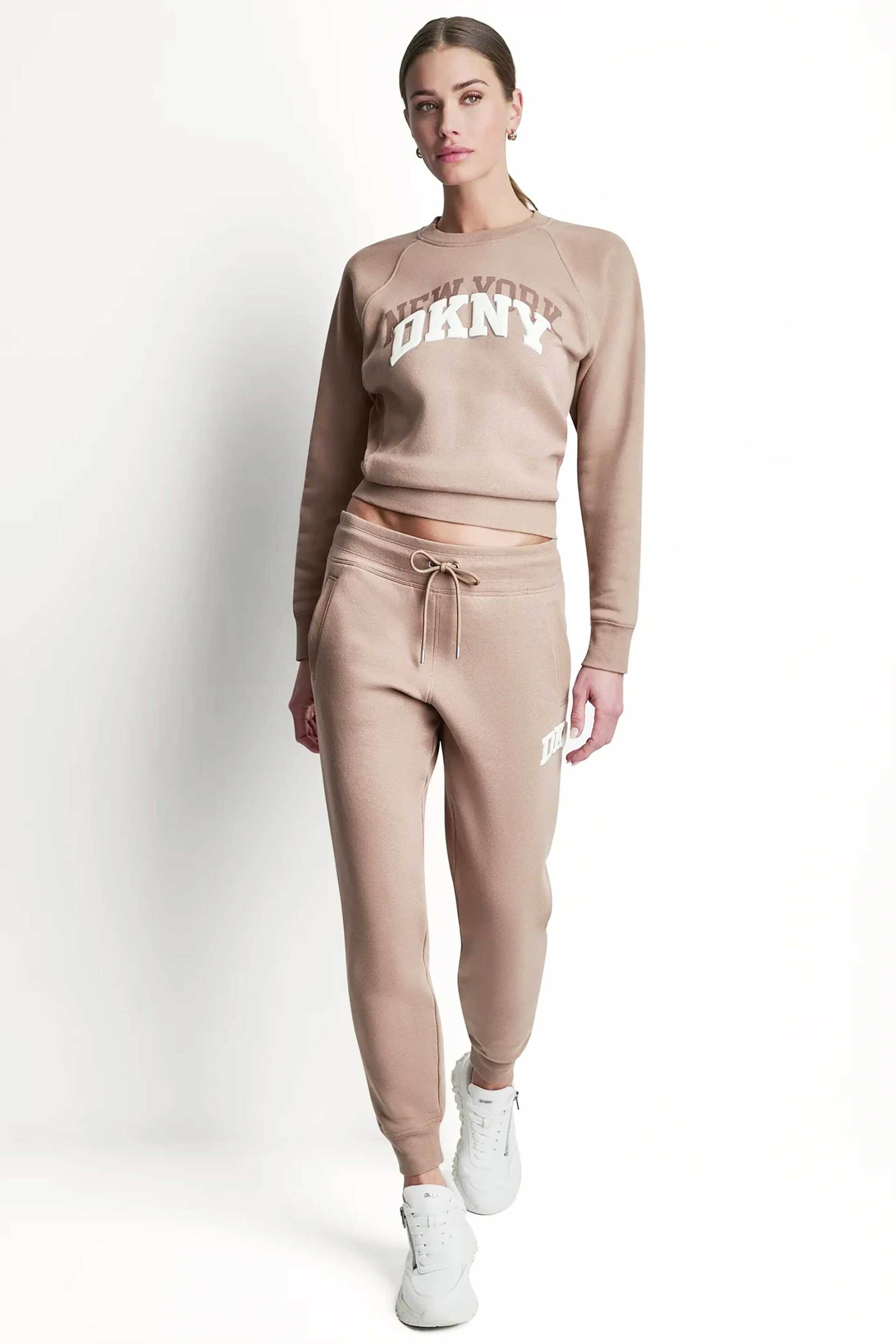 DKNY γυναικείο παντελόνι φόρμας μονόχρωμο με λογότυπο Skinny Fit - DP6P3896 Μπεζ