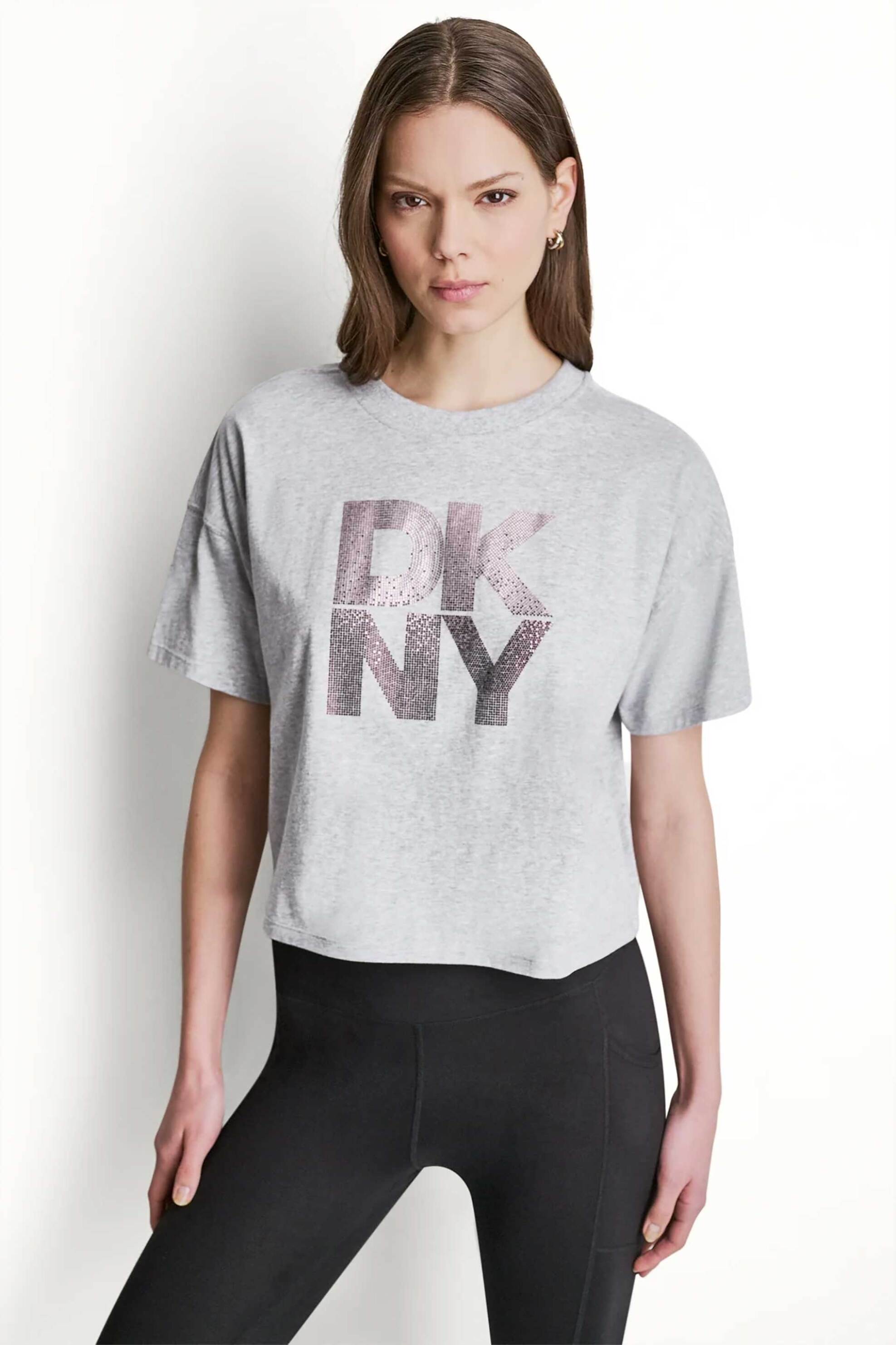 DKNY γυναικείο T-shirt με ανάγλυφο λογότυπο με στρας Relaxed Fit - DP6T1731 Γκρι