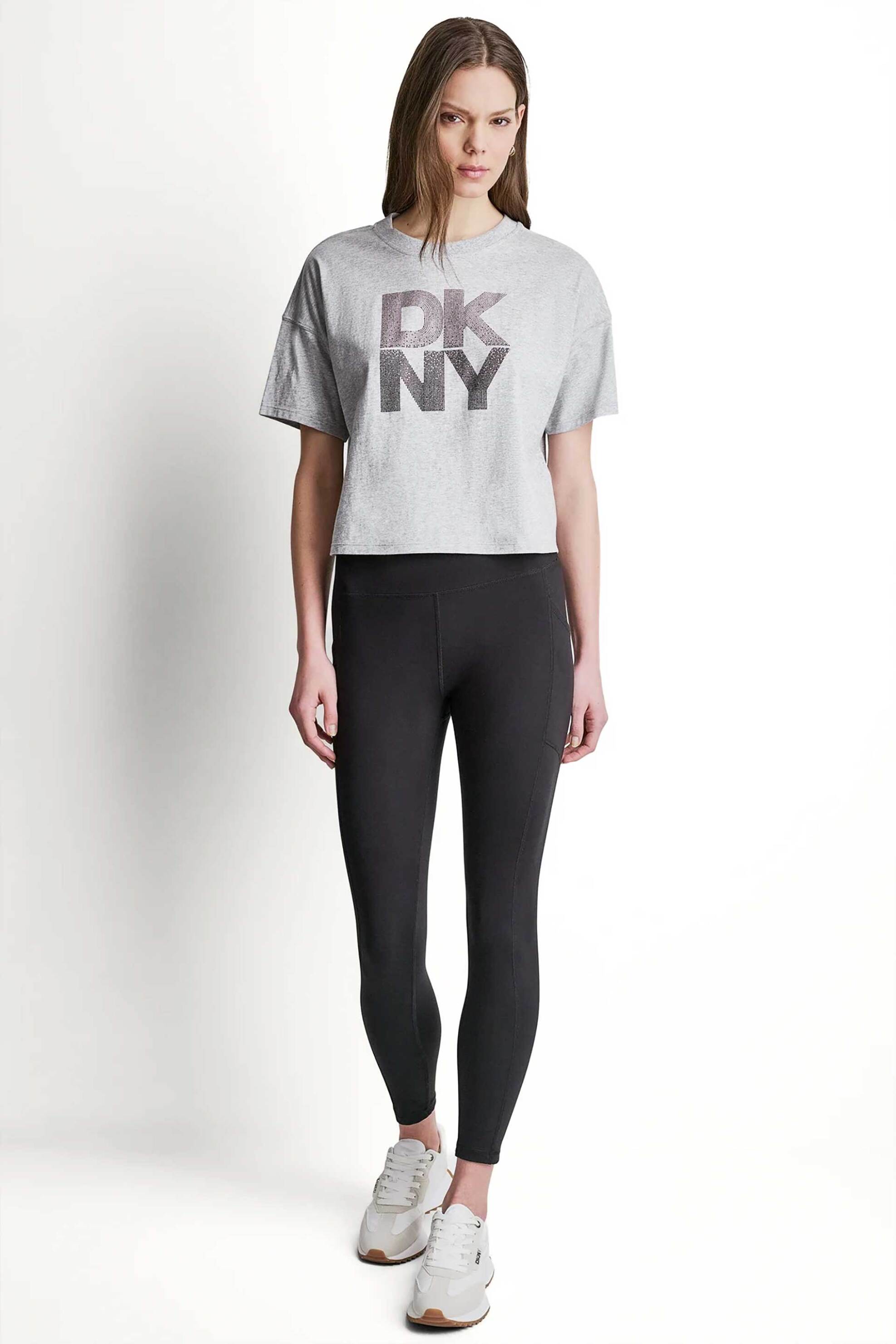 DKNY γυναικείο T-shirt με ανάγλυφο λογότυπο με στρας Relaxed Fit - DP6T1731 Γκρι