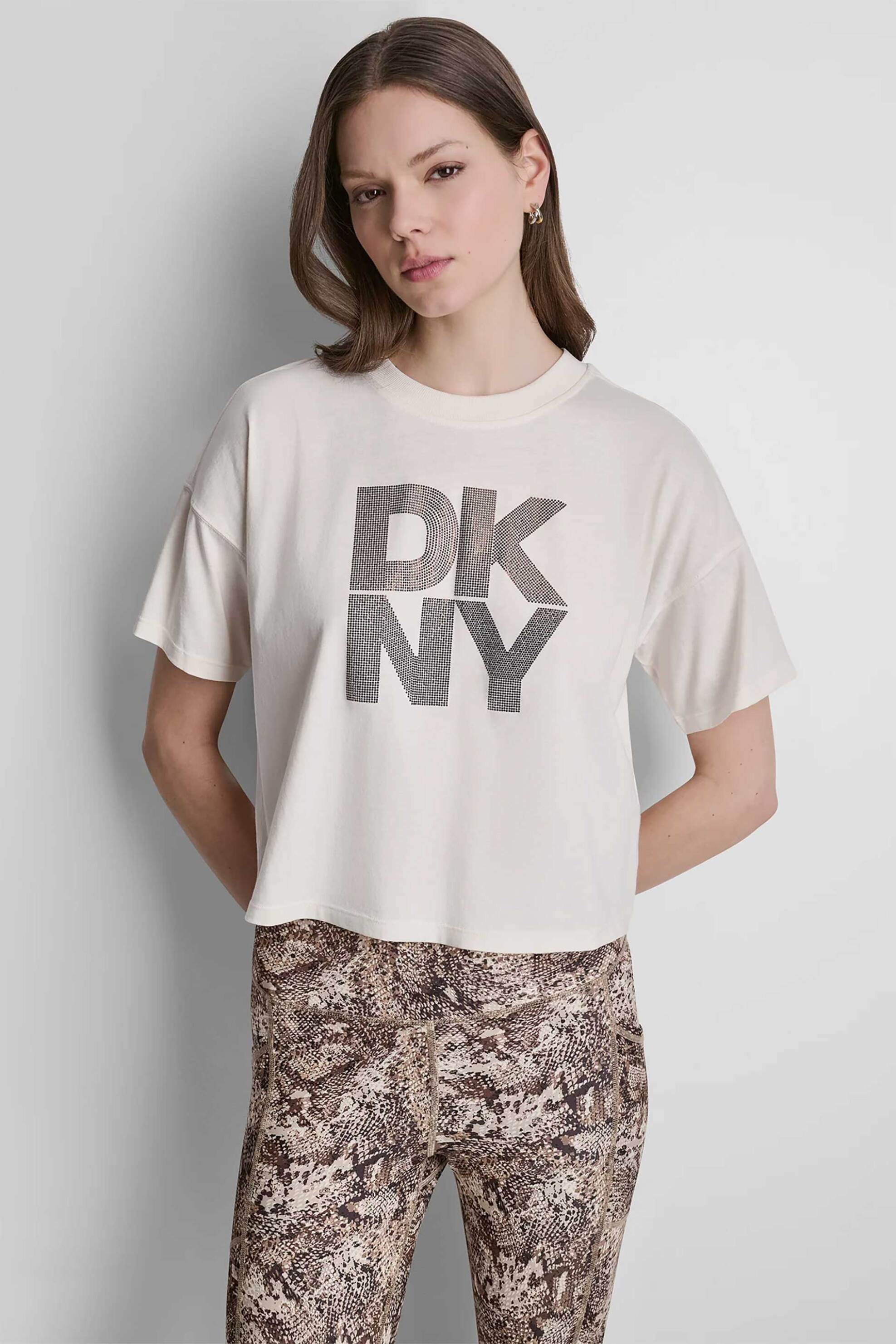 DKNY γυναικείο T-shirt με ανάγλυφο λογότυπο με στρας Relaxed Fit - DP6T1731 Εκρού