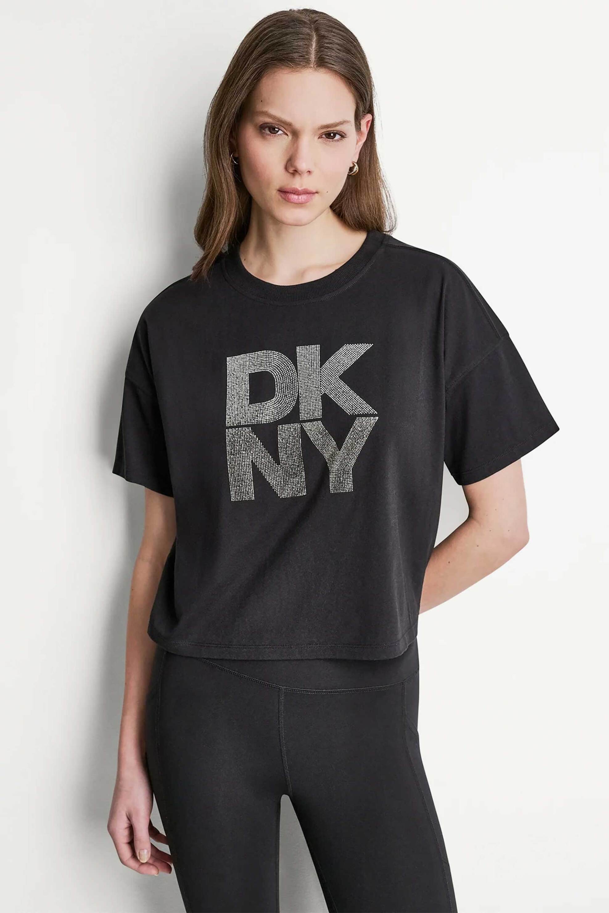 DKNY γυναικείο T-shirt με ανάγλυφο λογότυπο με στρας Relaxed Fit - DP6T1731 Μαύρο