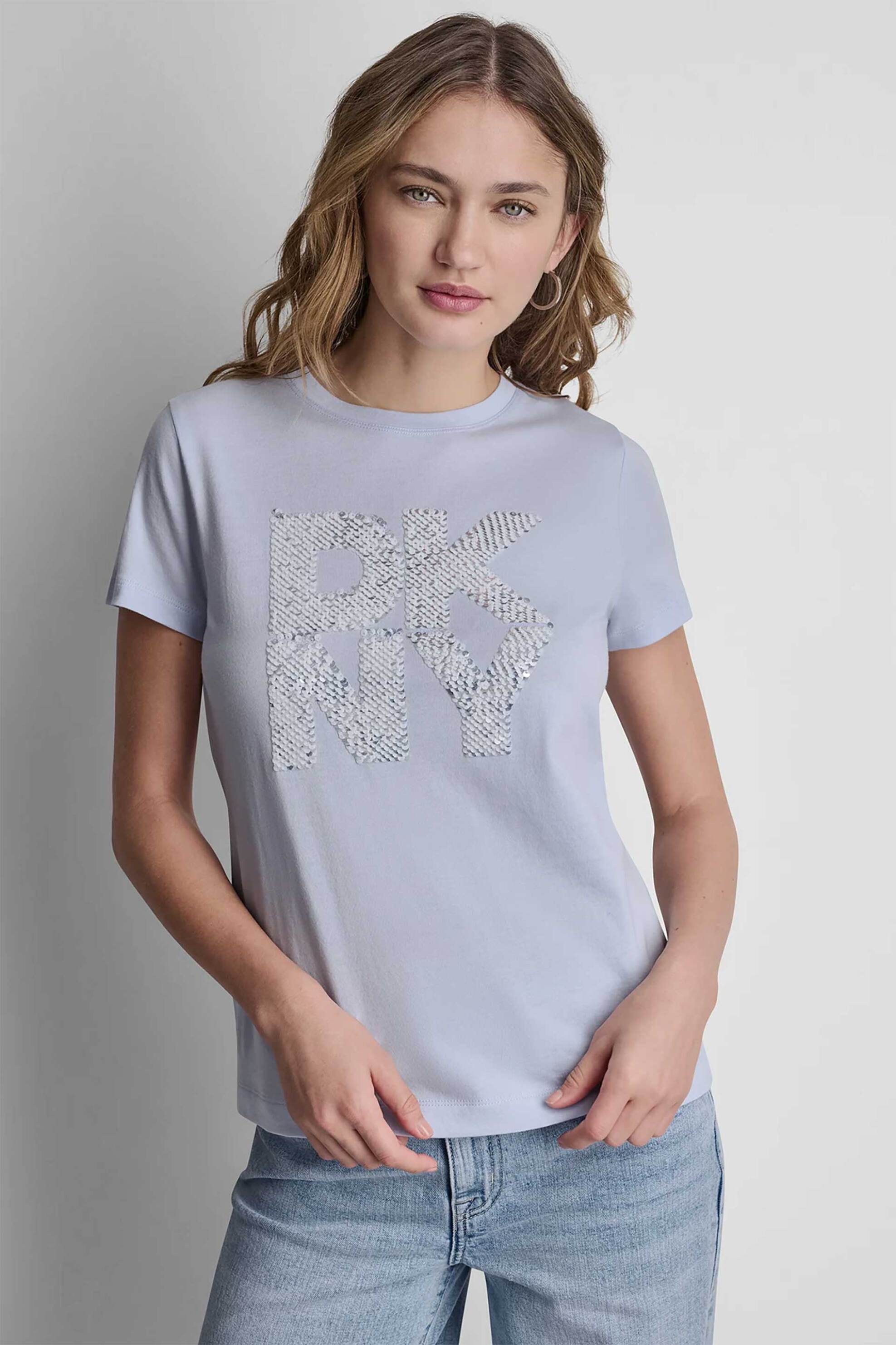 DKNY γυναικείο T-shirt με παγιέτα στο λογότυπο Regular Fit - DJ6T1798 Γαλάζιο