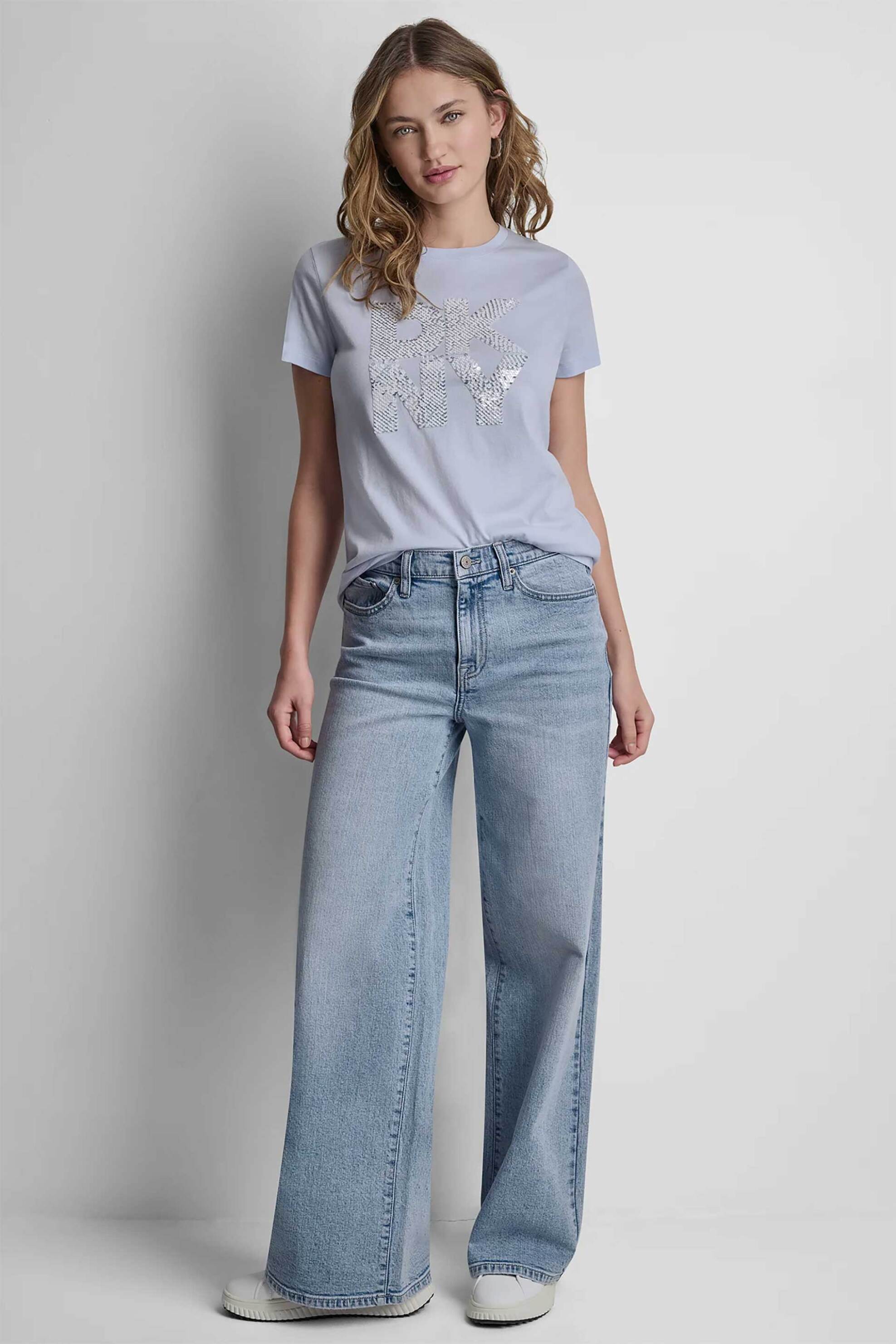 DKNY γυναικείο T-shirt με παγιέτα στο λογότυπο Regular Fit - DJ6T1798 Γαλάζιο
