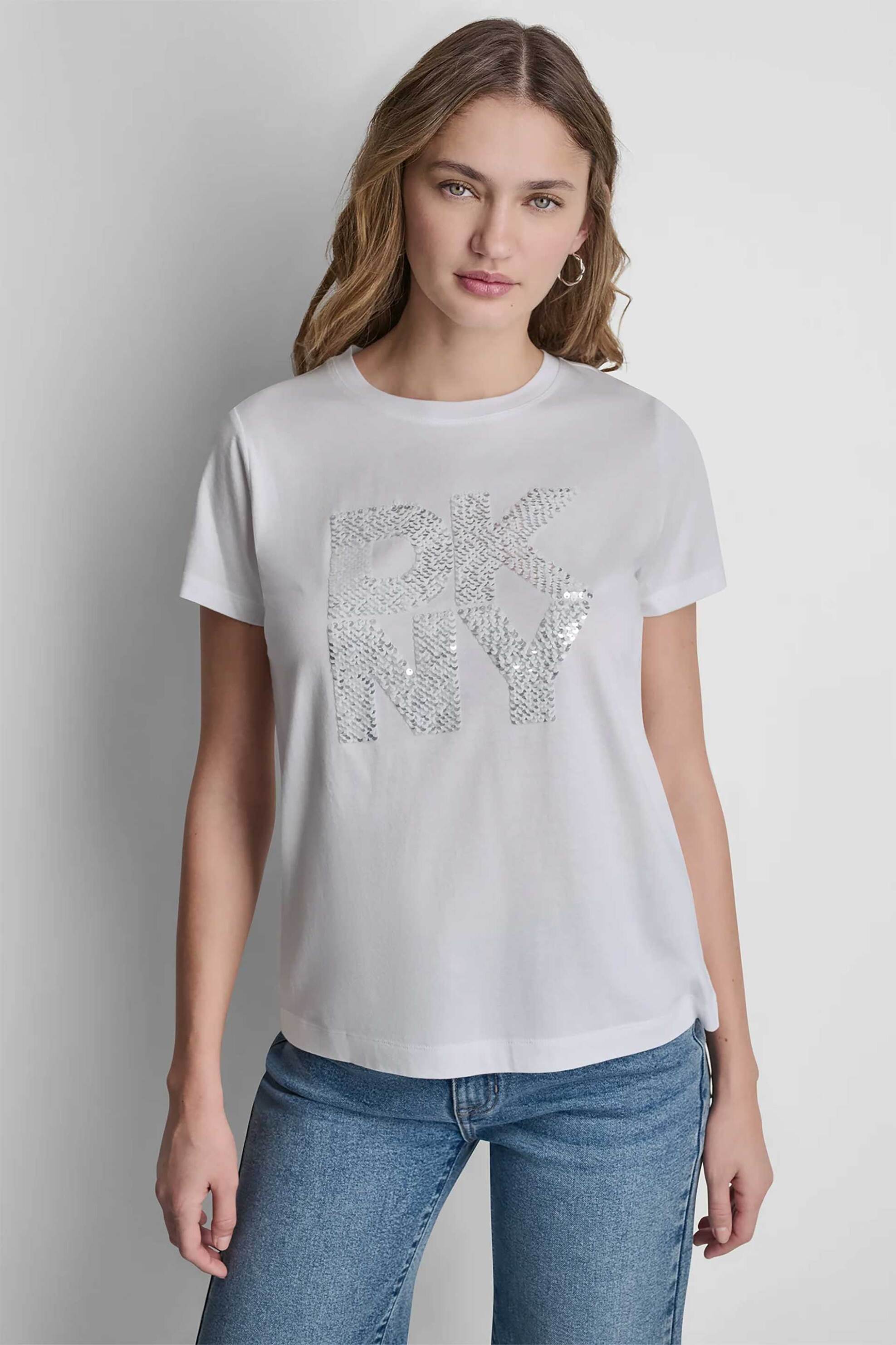 DKNY γυναικείο T-shirt με παγιέτα στο λογότυπο Regular Fit - DJ6T1798 Λευκό
