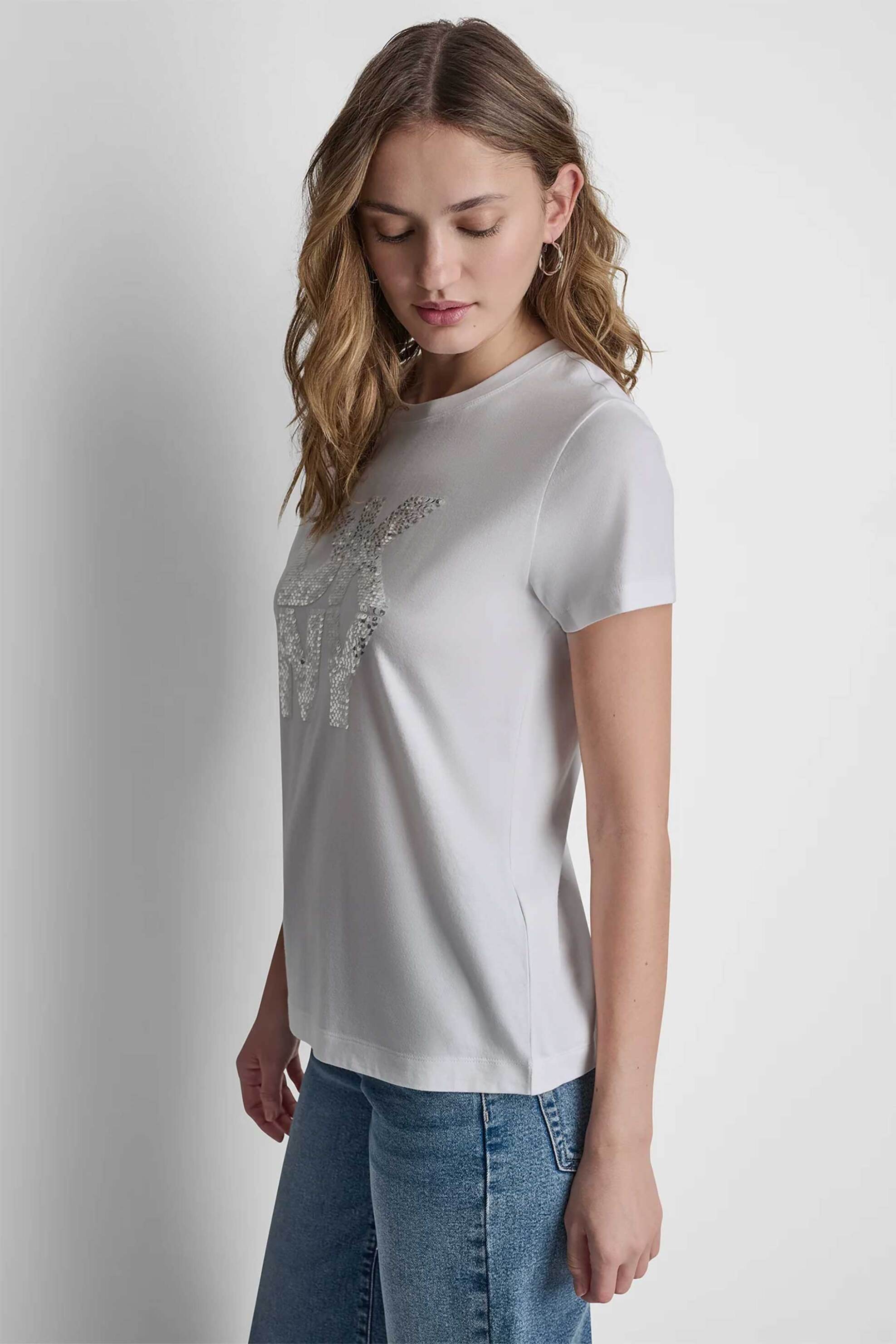 DKNY γυναικείο T-shirt με παγιέτα στο λογότυπο Regular Fit - DJ6T1798 Λευκό