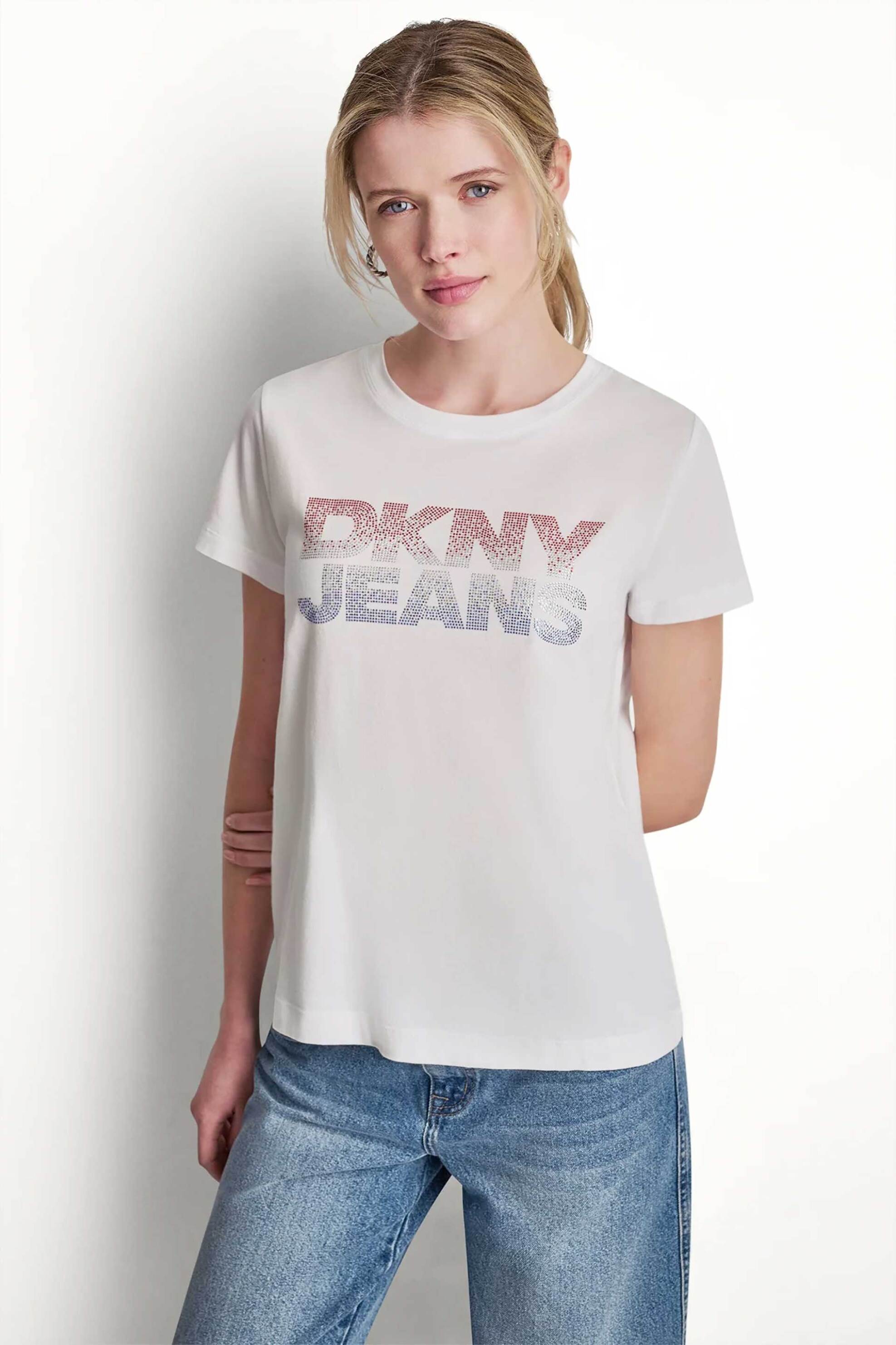 DKNY γυναικείο T-shirt με στρας στο λογότυπο Regular Fit - DJ6T1801 Εκρού