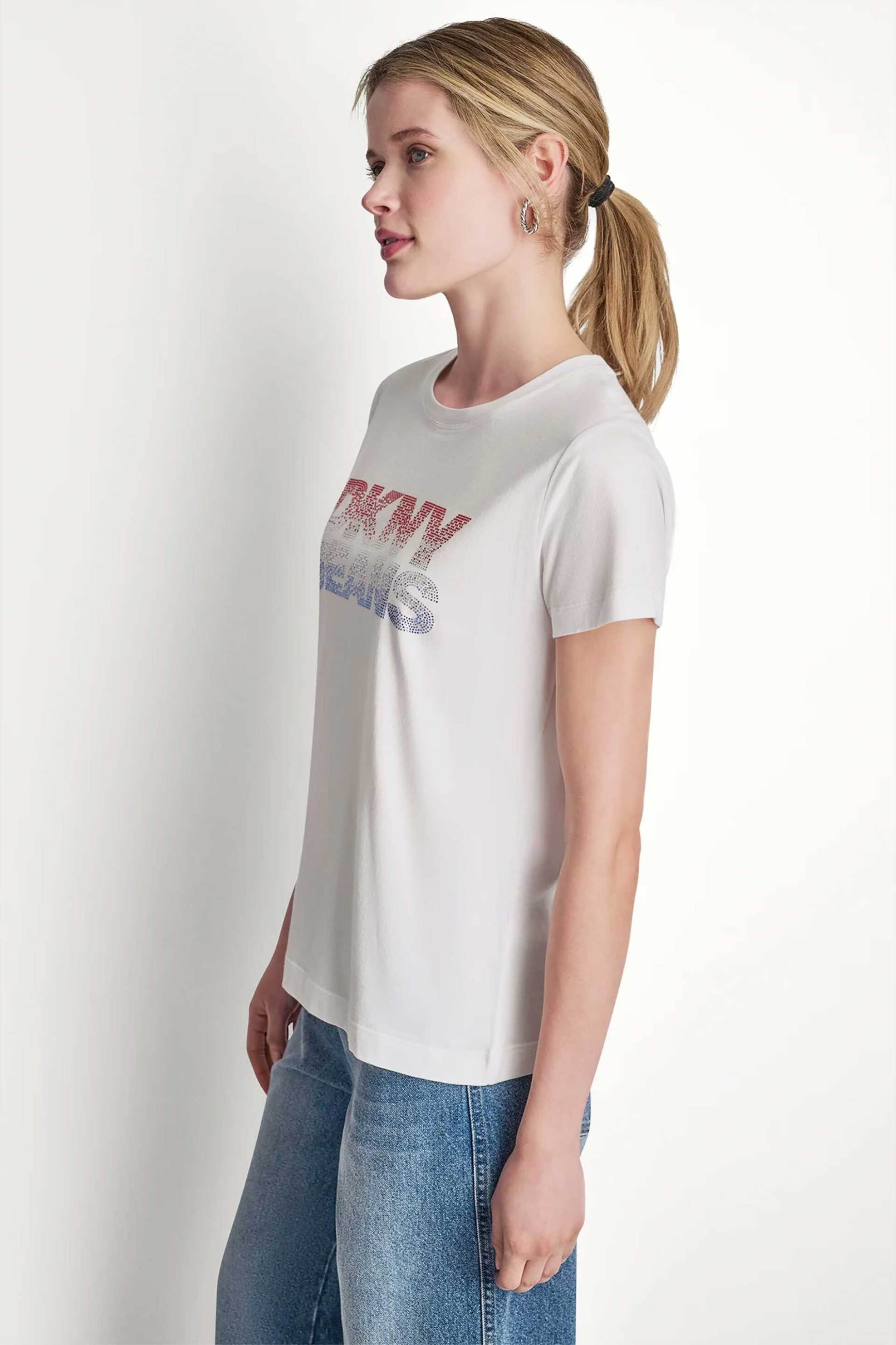 DKNY γυναικείο T-shirt με στρας στο λογότυπο Regular Fit - DJ6T1801 Εκρού