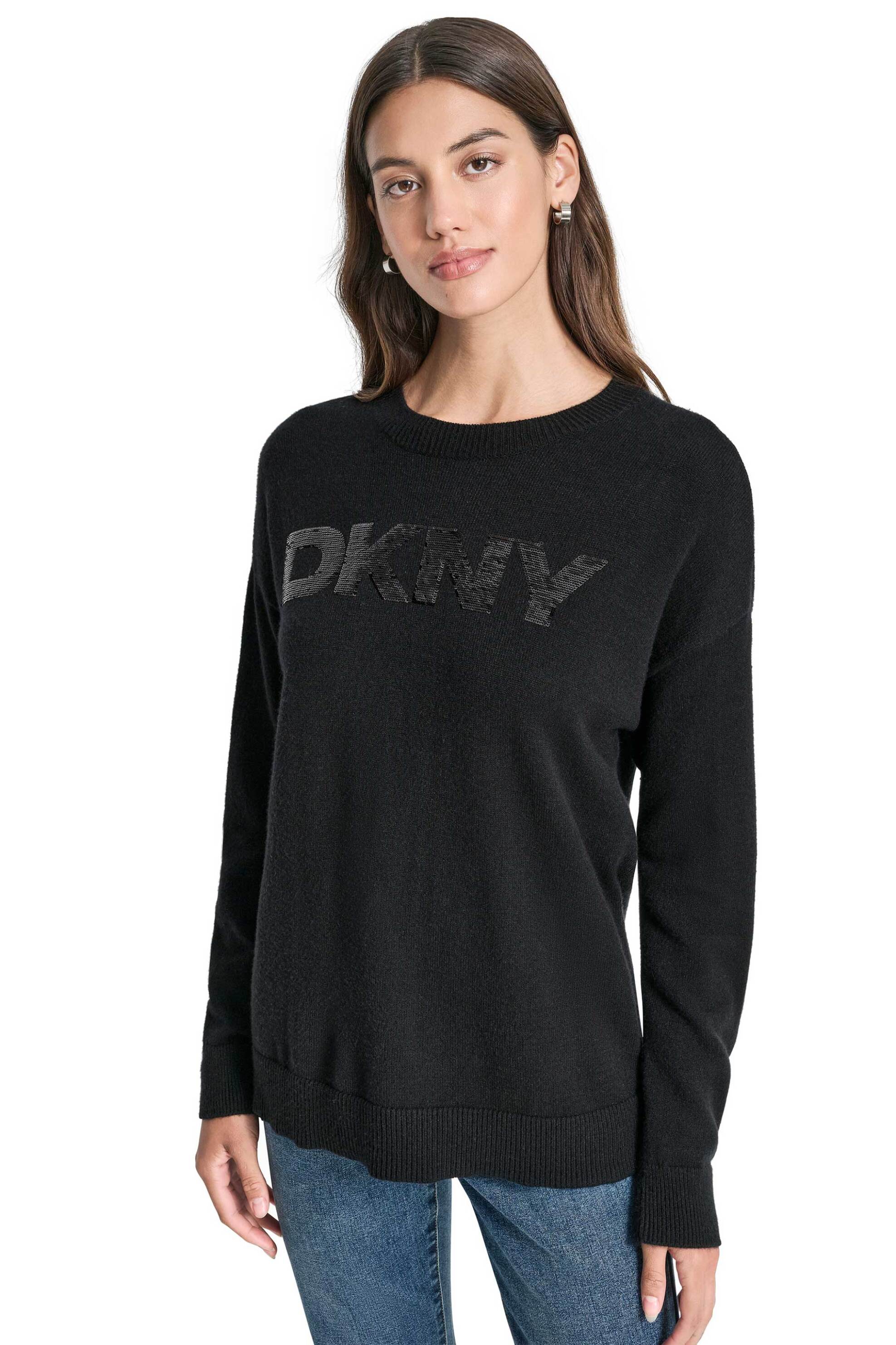 DKNY γυναικεία μπλούζα πλεκτή με ανάγλυφο λογότυπο με παγιέτα - DJ4R0407 Μαύρο