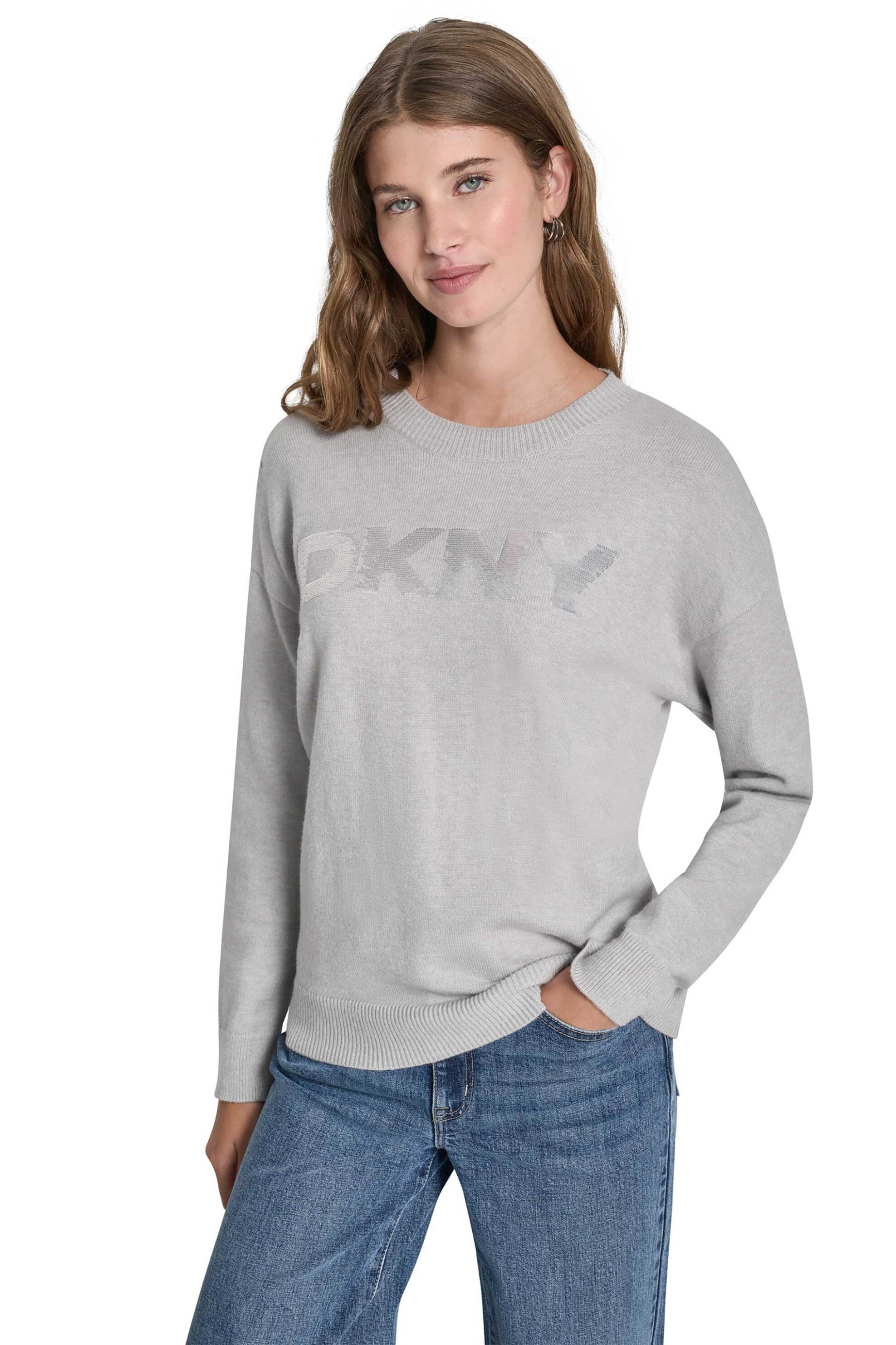 DKNY γυναικεία μπλούζα πλεκτή με ανάγλυφο λογότυπο με παγιέτα - DJ4R0407 Γκρι