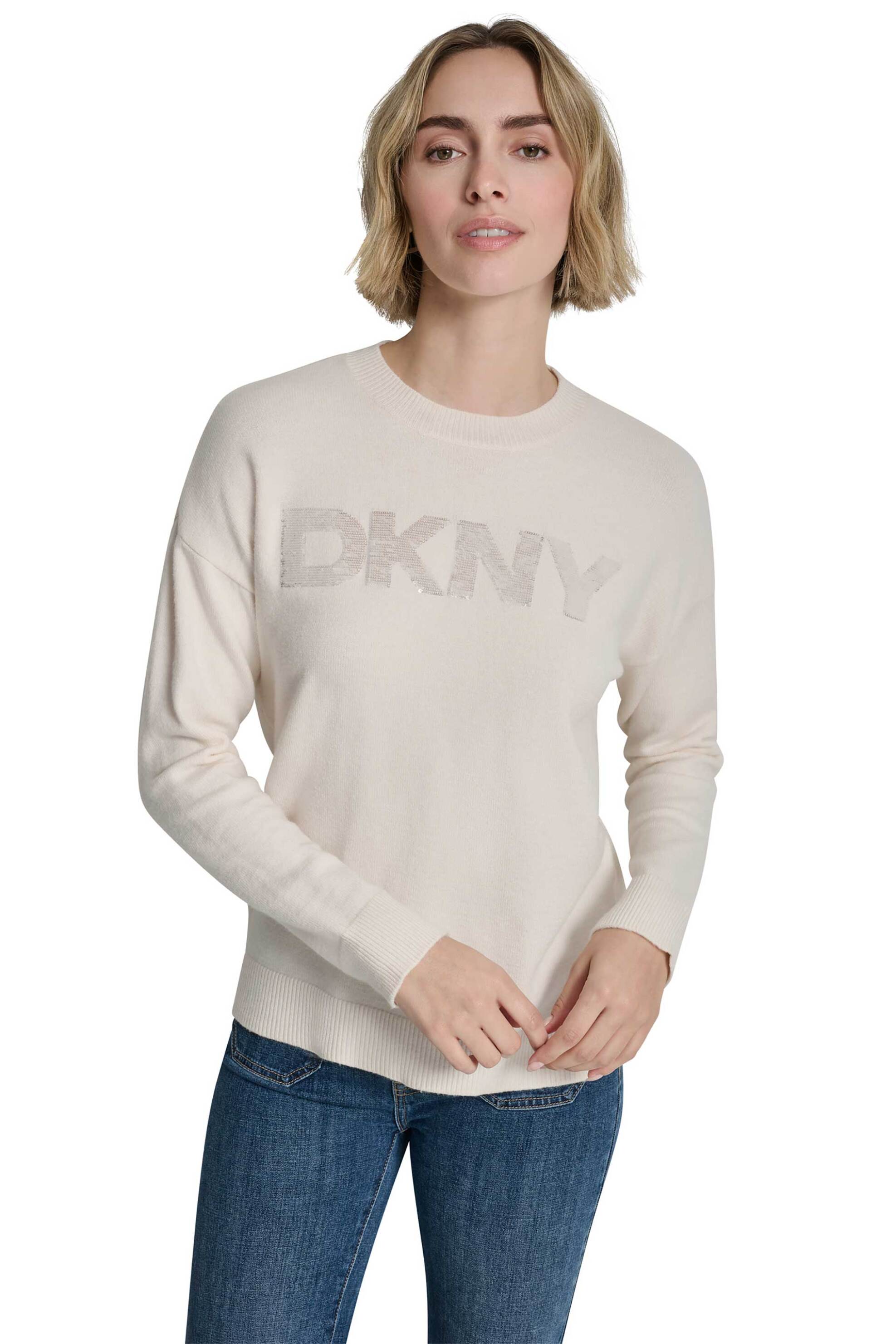 DKNY γυναικεία μπλούζα πλεκτή με ανάγλυφο λογότυπο με παγιέτα - DJ4R0407 Εκρού