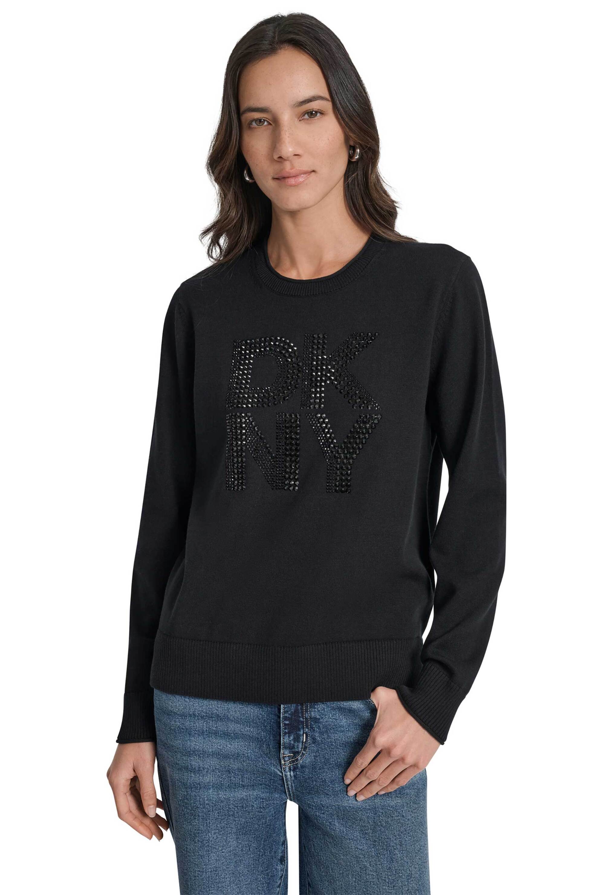 DKNY γυναικεία μπλούζα πλεκτή με ανάγλυφο λογότυπο με στρας - DJ5R0840 Μαύρο