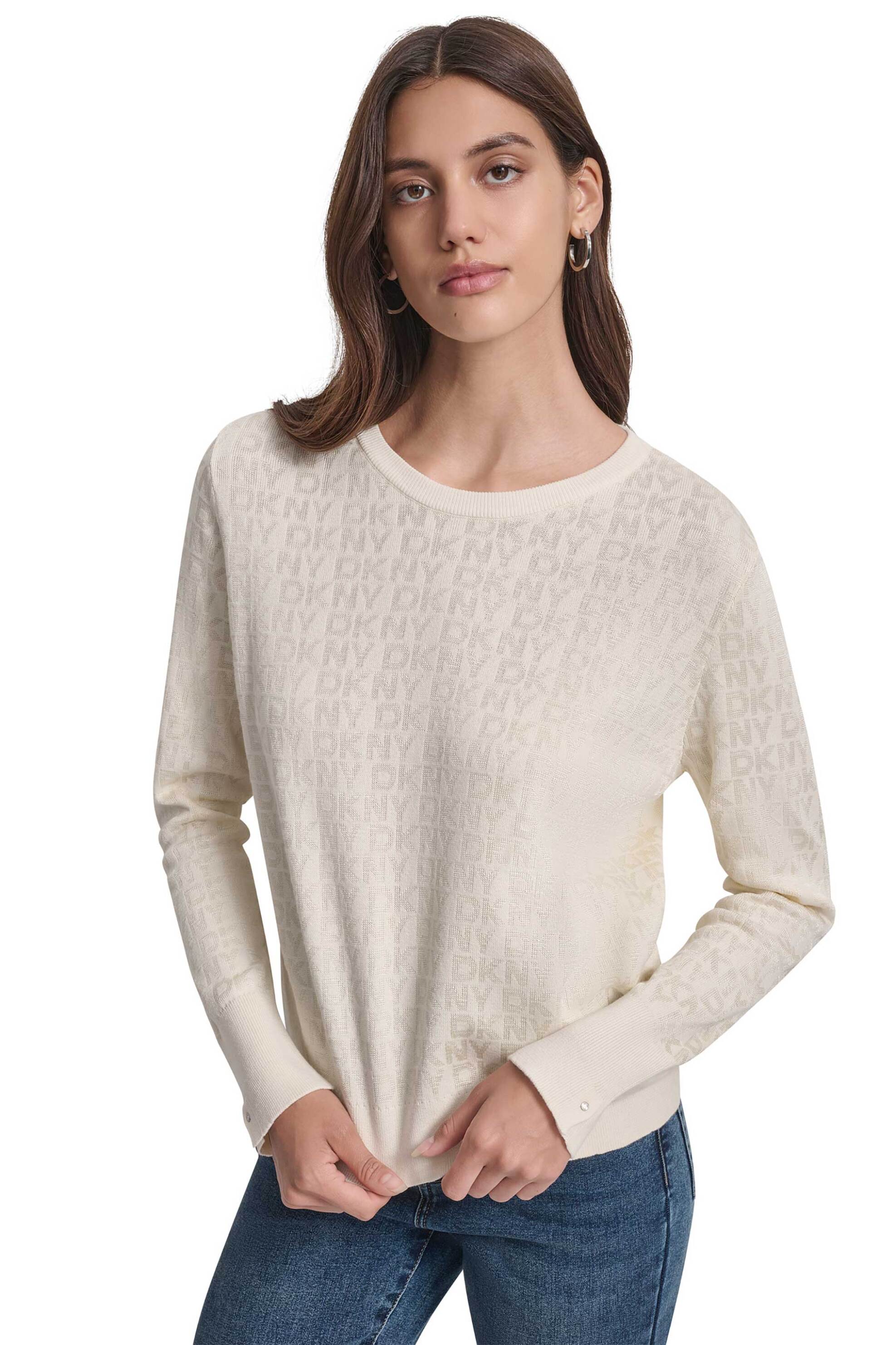 DKNY γυναικεία μπλούζα πλεκτή με all-over λογότυπο στην πλέξη - DJ5R0877 Εκρού