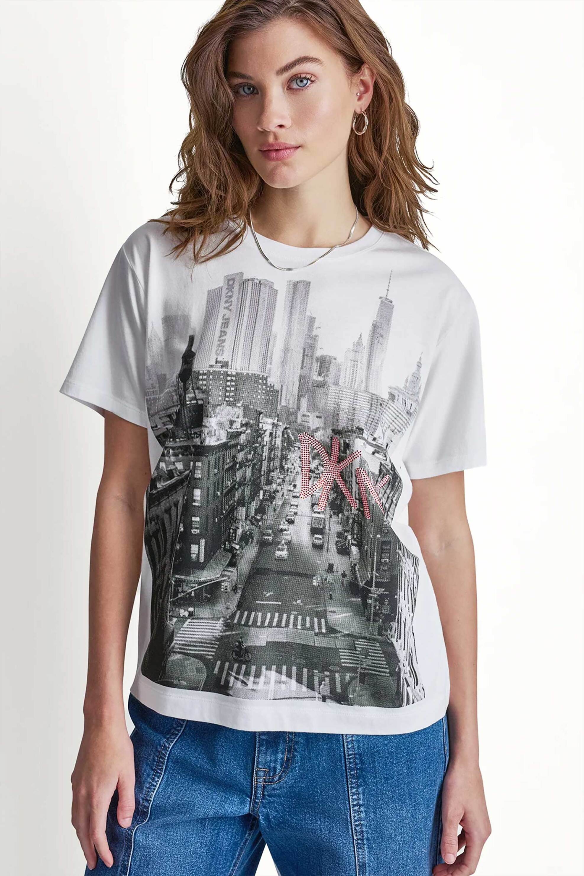 DKNY γυναικείο T-shirt με στρας στο λογότυπο Regular Fit - DJ6T1799 Λευκό