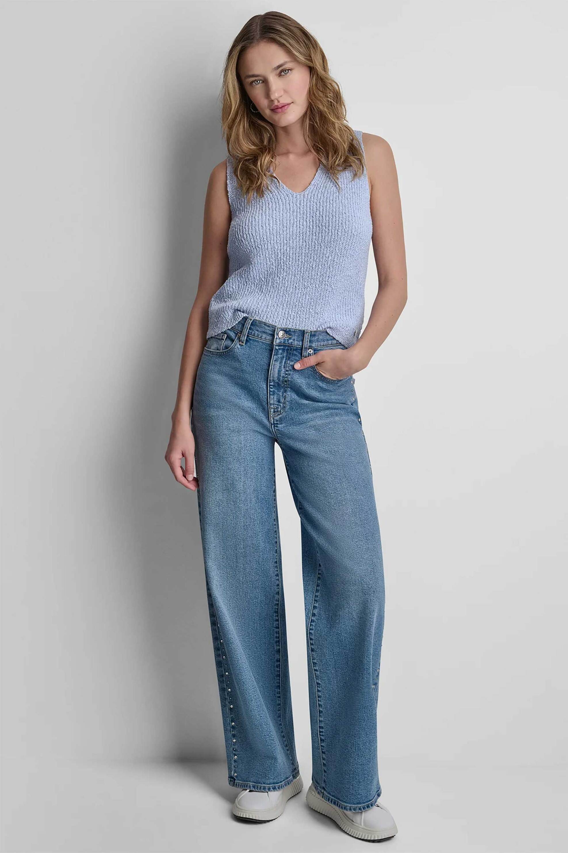 DKNY DKNY γυναικείο τζιν παντελόνι ψηλόμεσο με τρουκς Wide Fit - DJ6M4245 Denim Blue