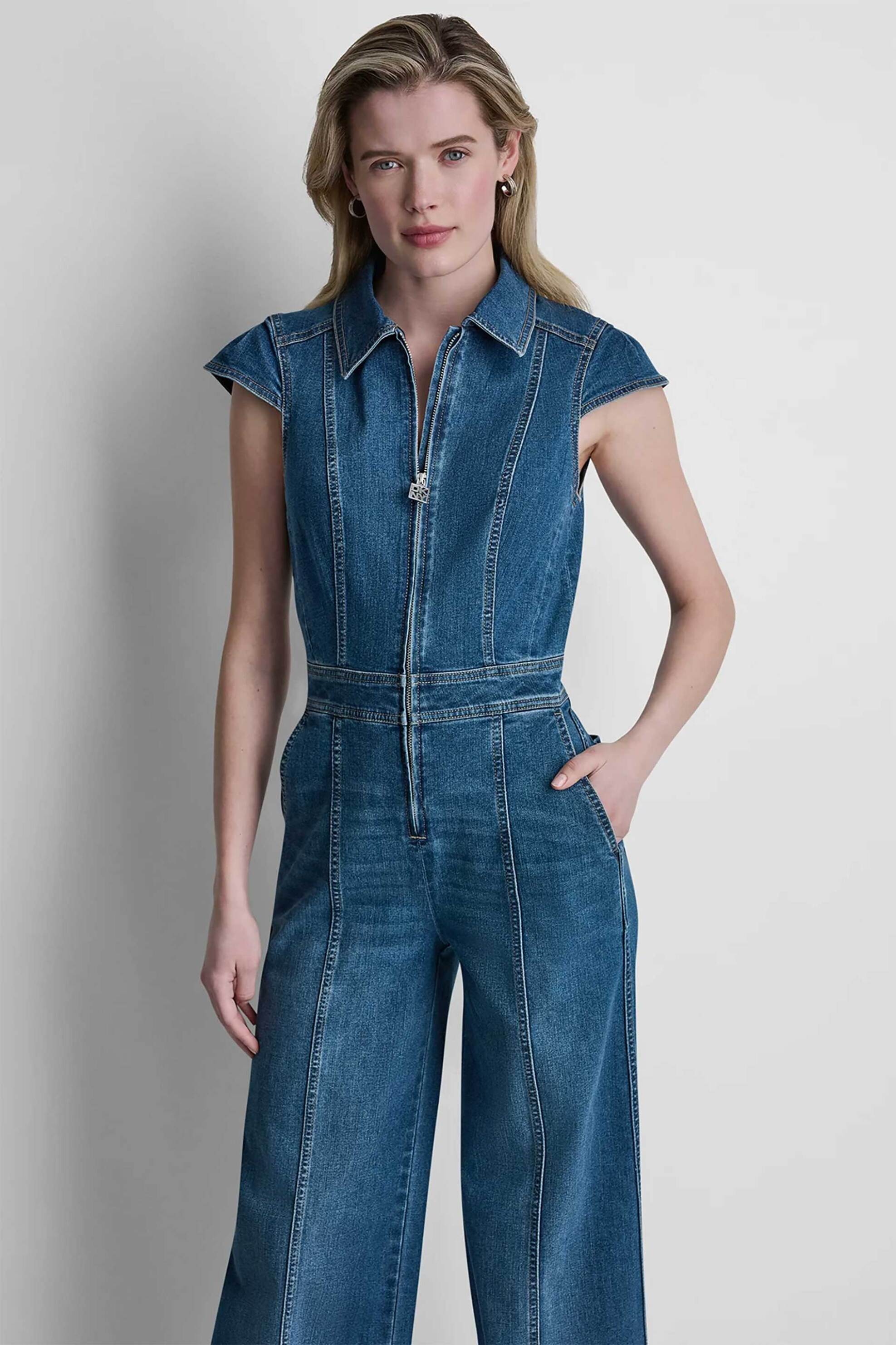 DKNY γυναικεία φόρμα ολόσωμη denim Wide Leg - DJ6D9196 Denim Blue