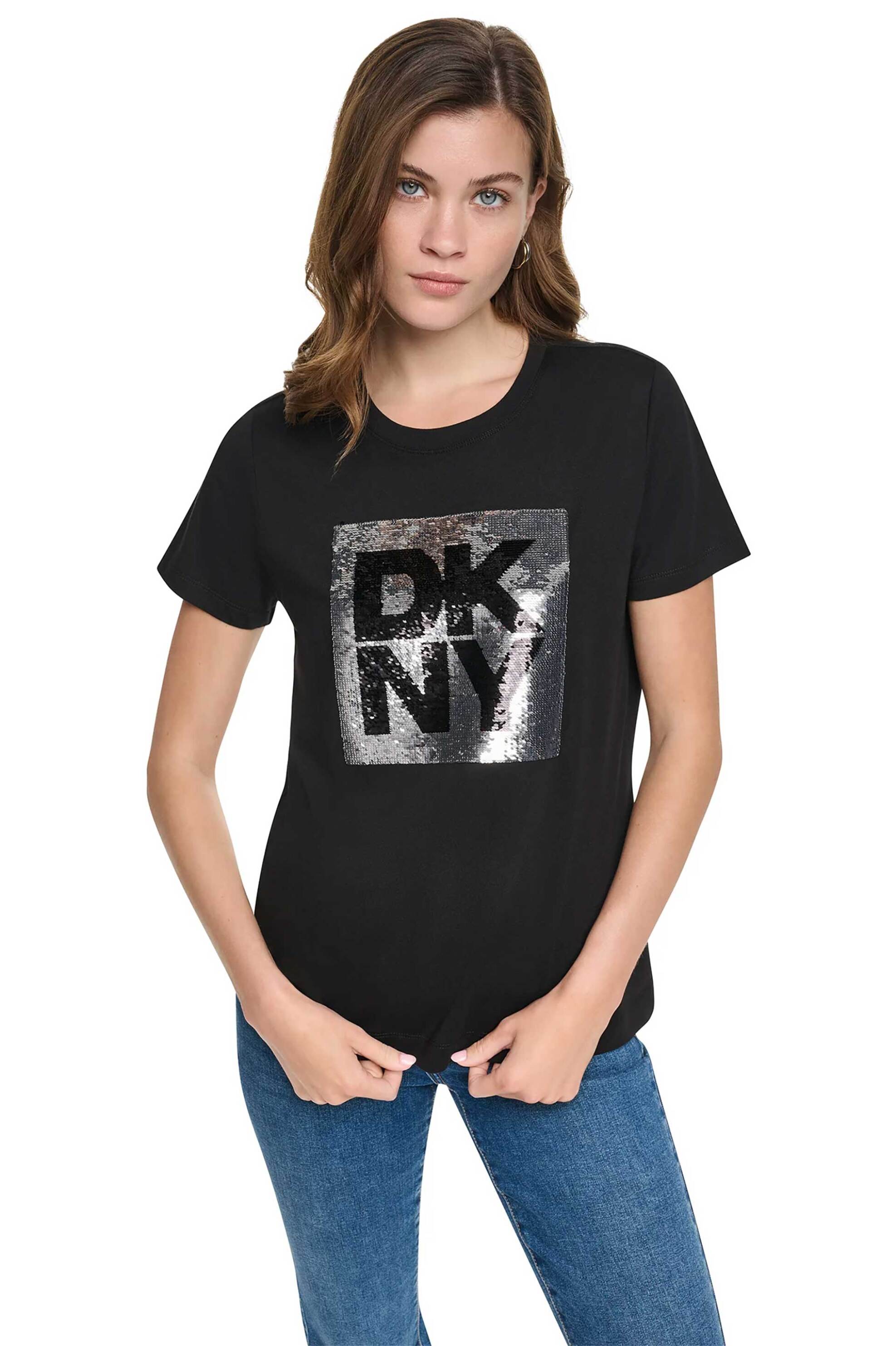 DKNY γυναικείο T-shirt με παγιέτα στο λογότυπο Regular Fit - DJ6T1854 Μαύρο