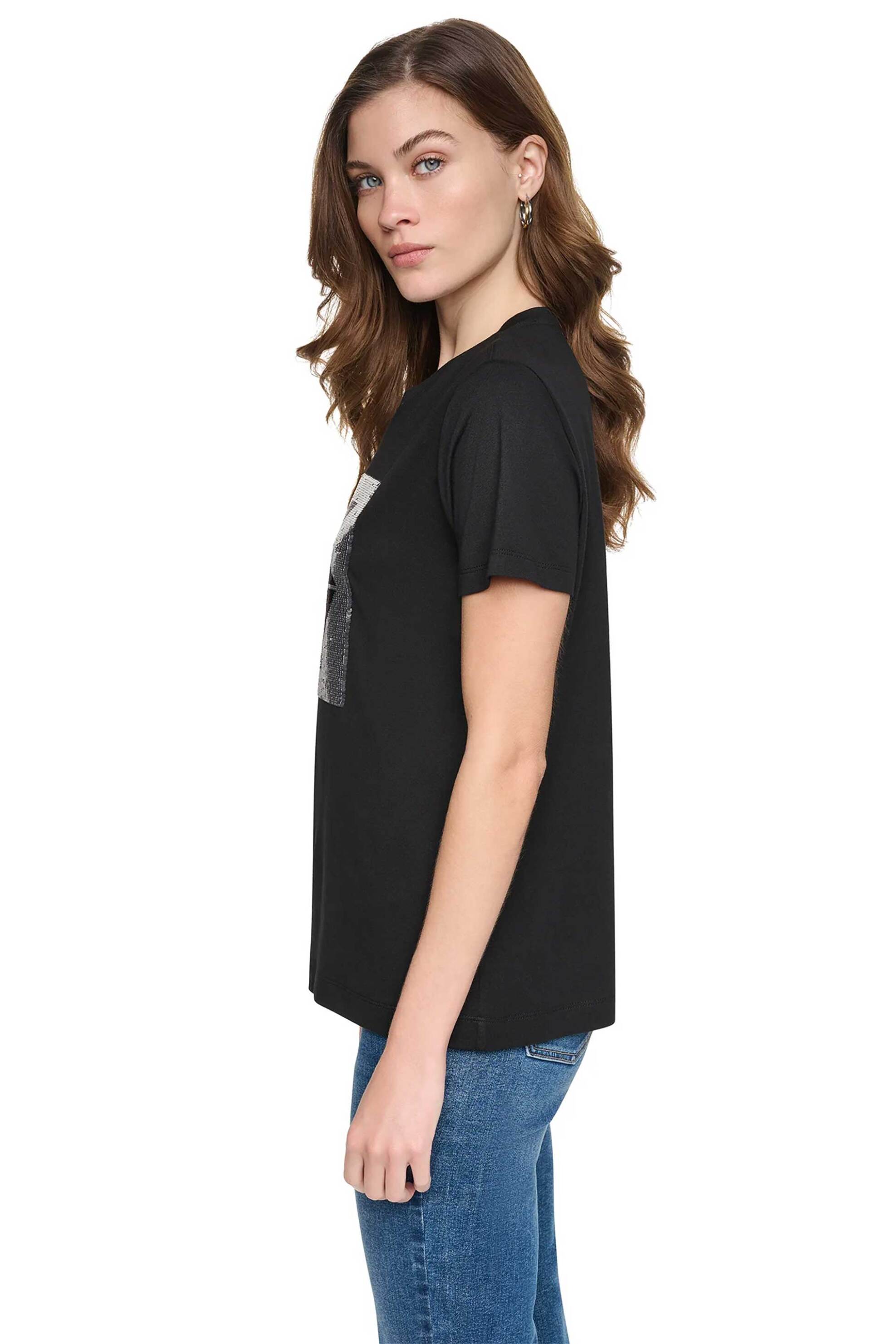DKNY γυναικείο T-shirt με παγιέτα στο λογότυπο Regular Fit - DJ6T1854 Μαύρο