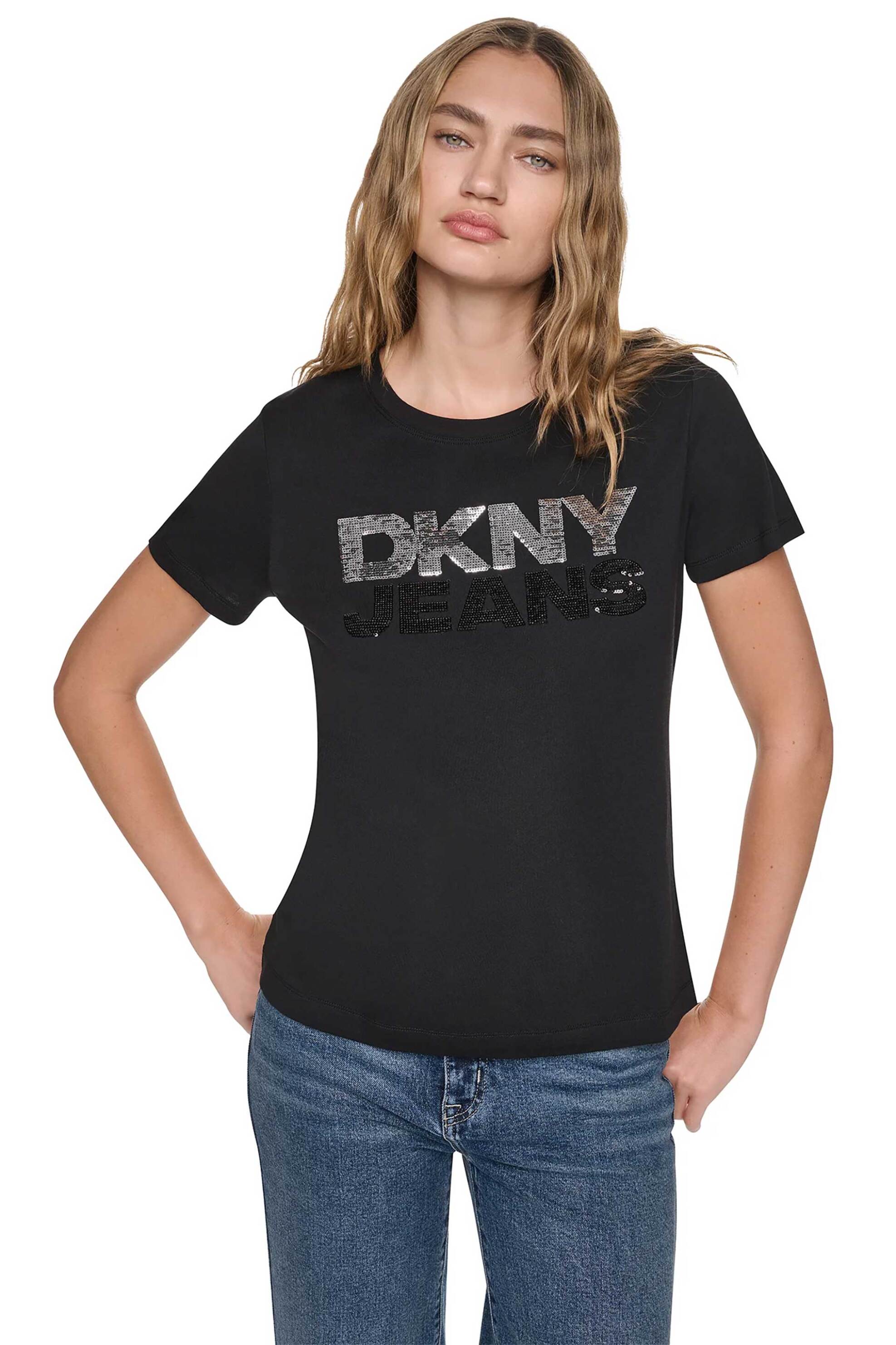 DKNY γυναικείο T-shirt με παγιέτα στο λογότυπο Regular Fit - DJ6T1846 Μαύρο