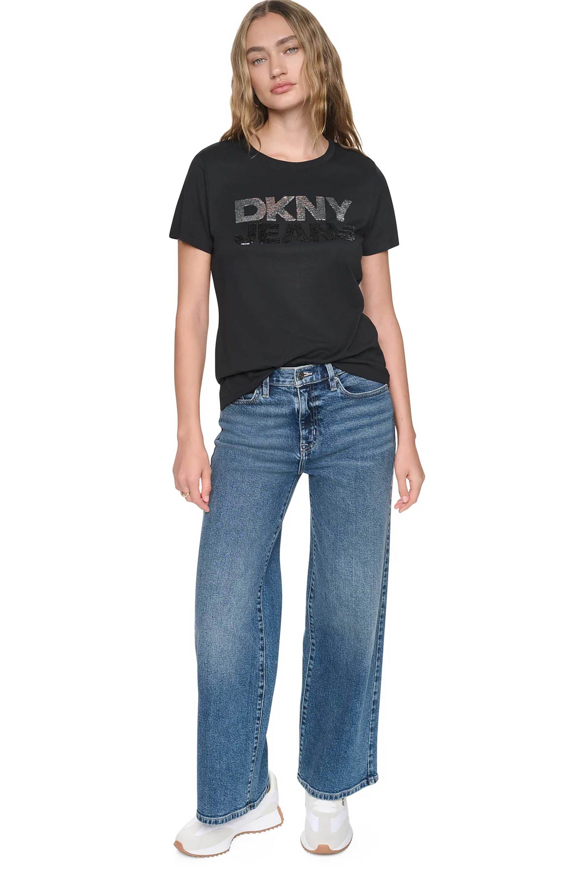 DKNY γυναικείο T-shirt με παγιέτα στο λογότυπο Regular Fit - DJ6T1846 Μαύρο