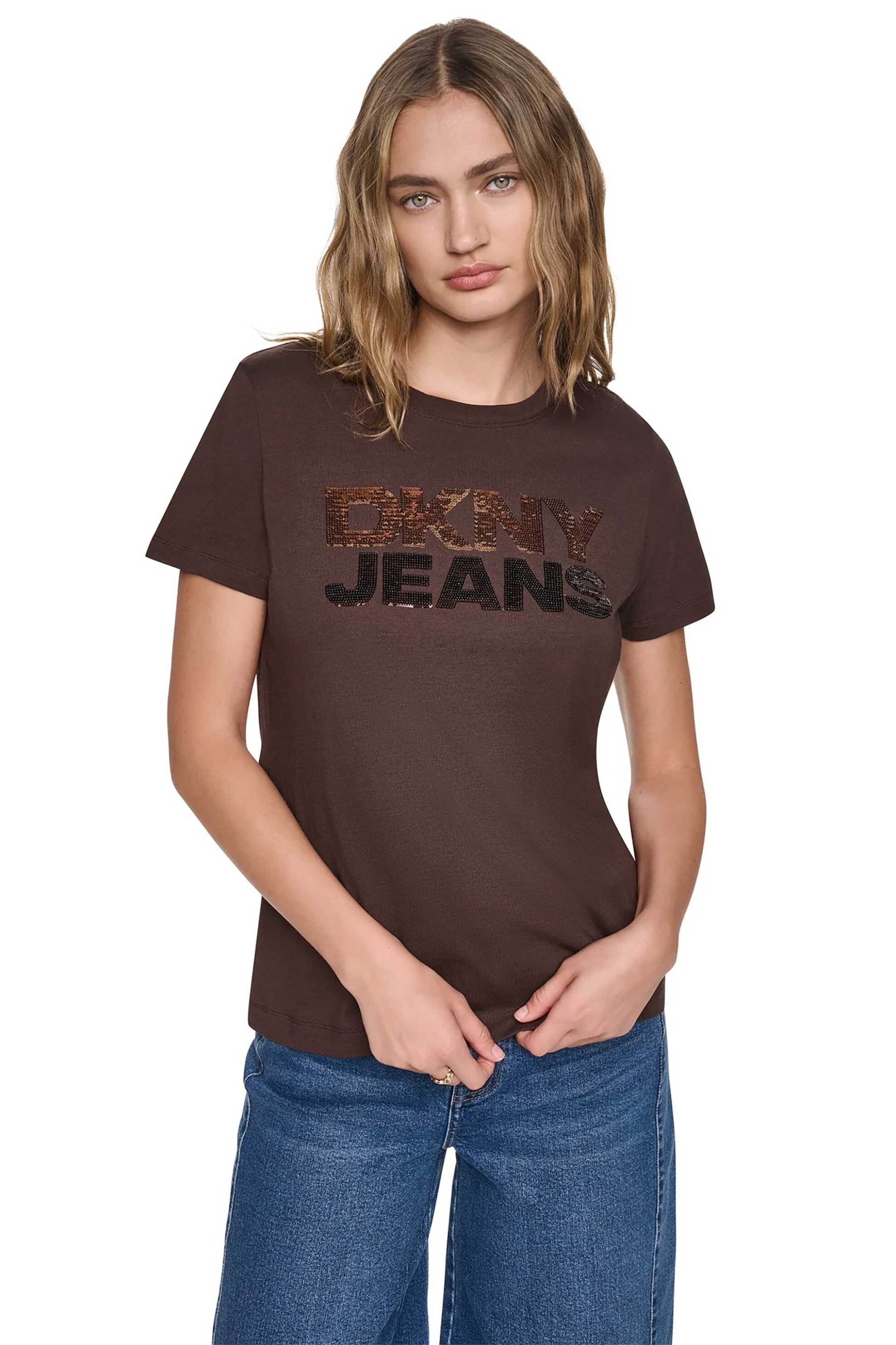 DKNY γυναικείο T-shirt με παγιέτα στο λογότυπο Regular Fit - DJ6T1846 Καφέ