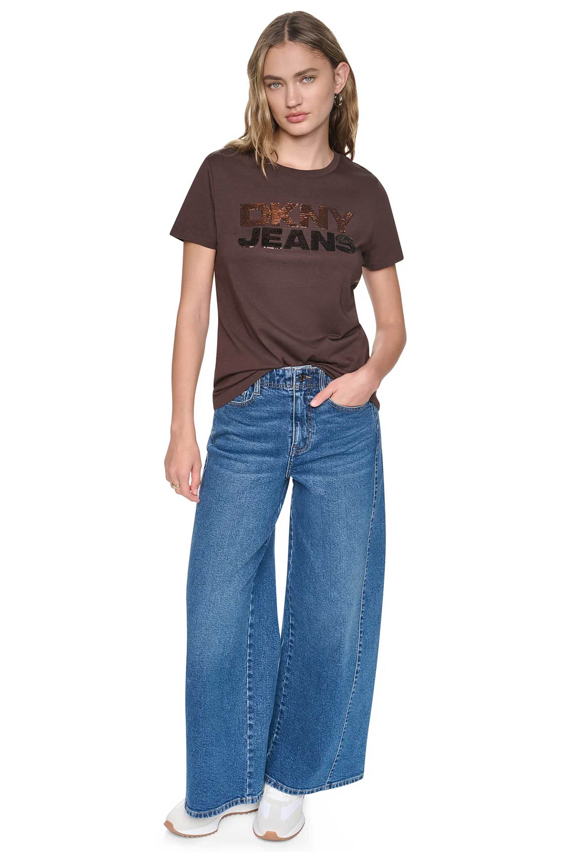 DKNY γυναικείο T-shirt με παγιέτα στο λογότυπο Regular Fit - DJ6T1846 Καφέ