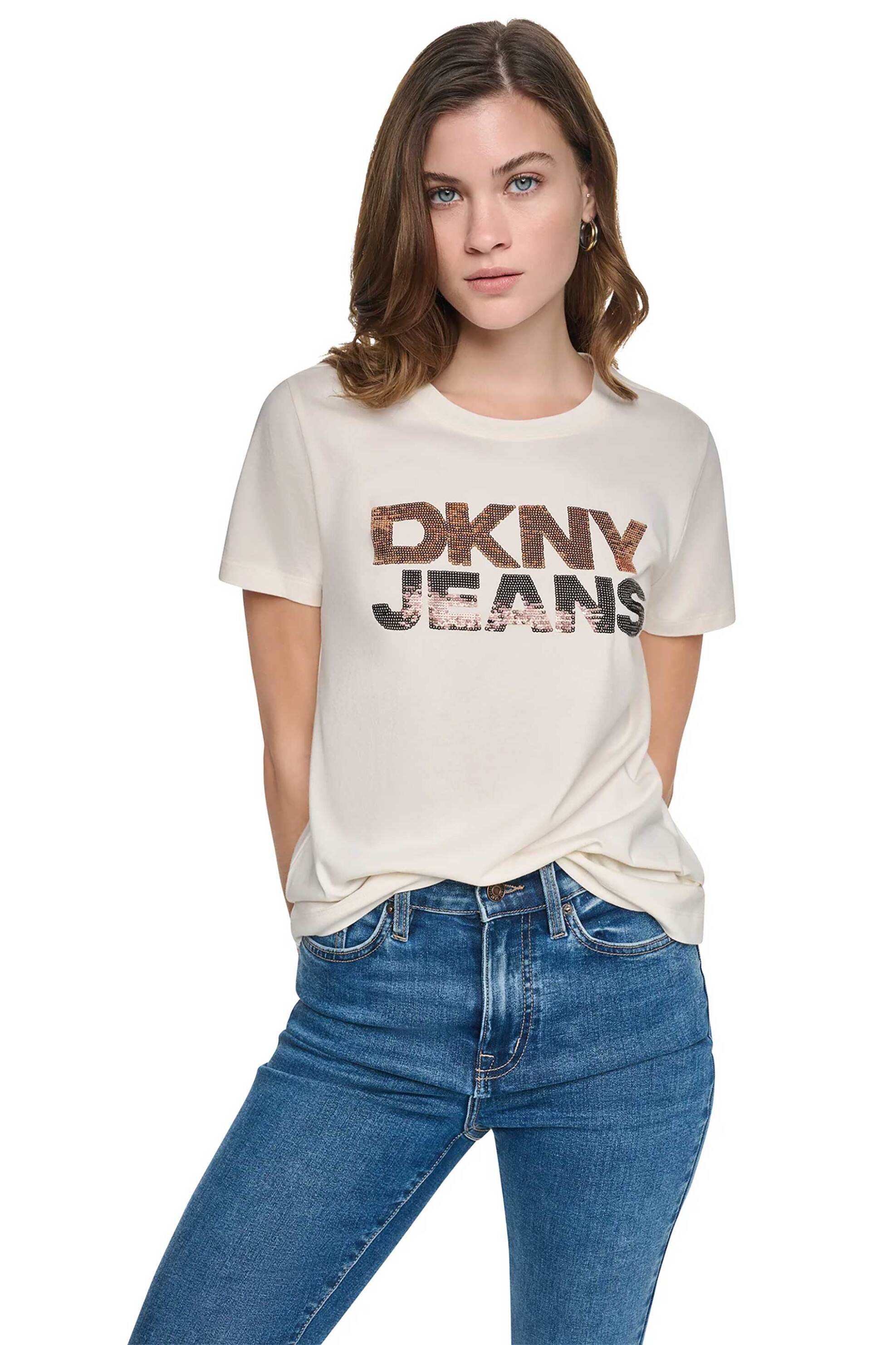 DKNY γυναικείο T-shirt με παγιέτα στο λογότυπο Regular Fit - DJ6T1846 Εκρού