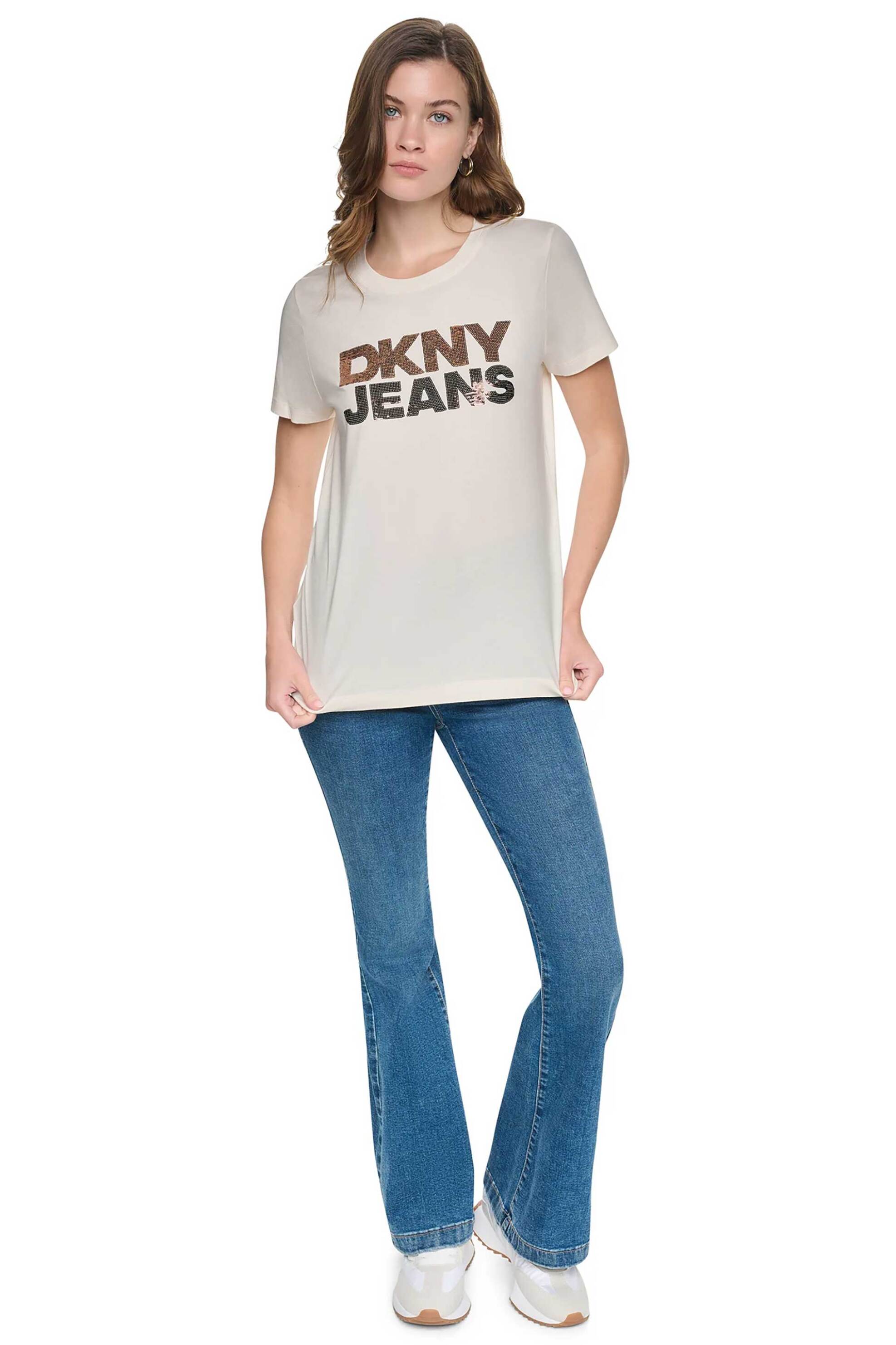 DKNY γυναικείο T-shirt με παγιέτα στο λογότυπο Regular Fit - DJ6T1846 Εκρού