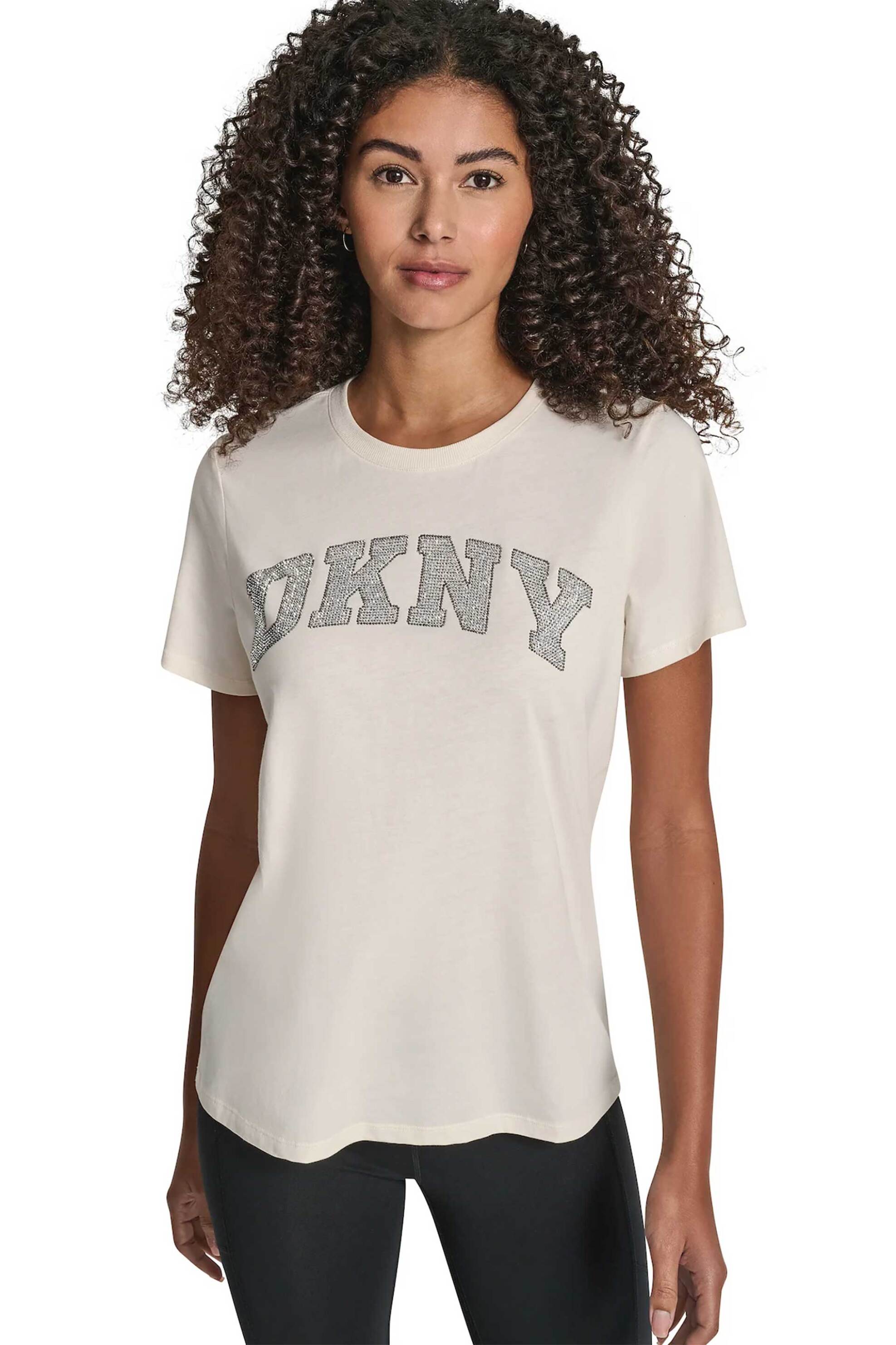 DKNY γυναικείο T-shirt με στρας στο λογότυπο Regular Fit - DP5T1500 Εκρού