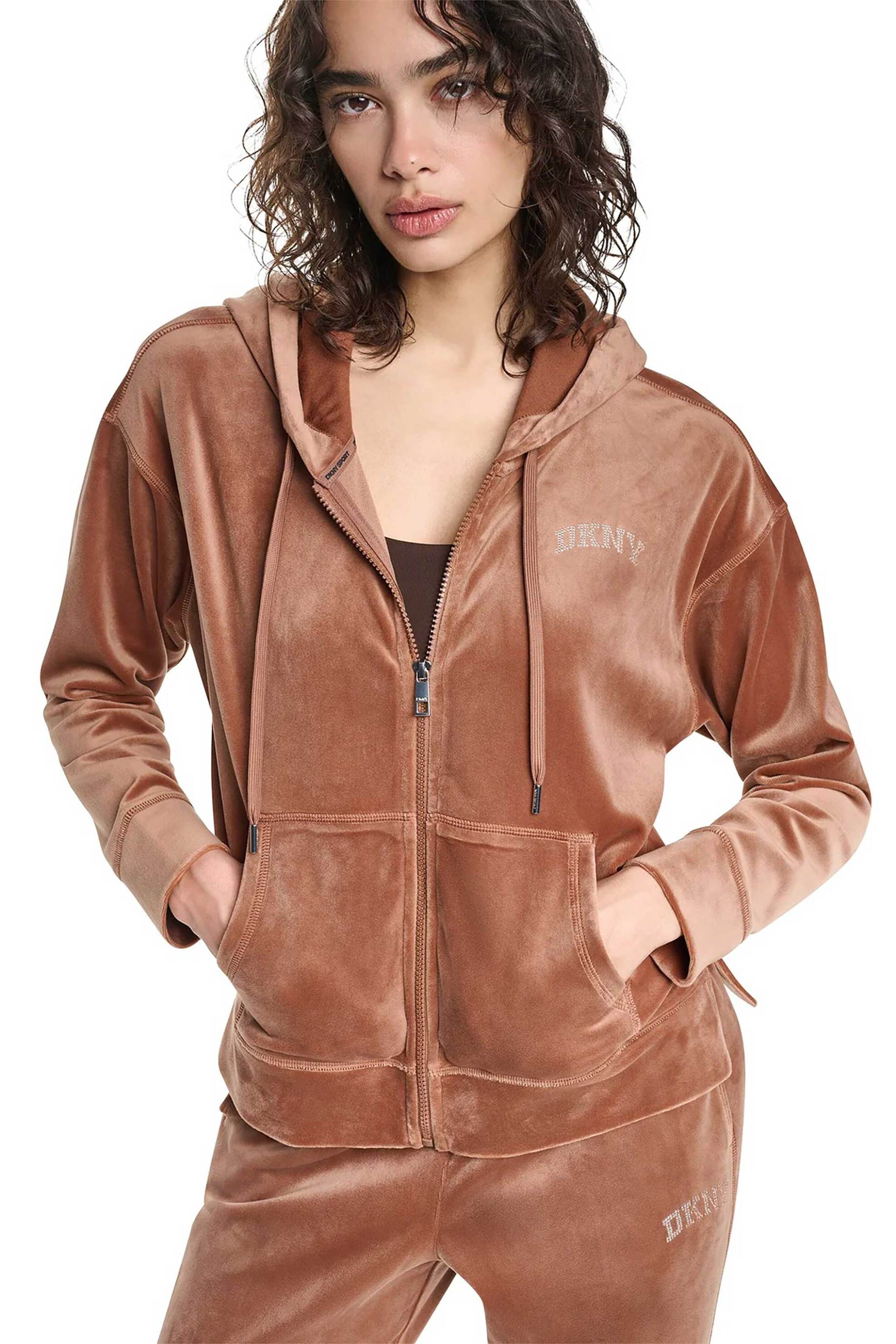 DKNY γυναικεία ζακέτα φούτερ velour με λογότυπο - DP6J9750 Ταμπά