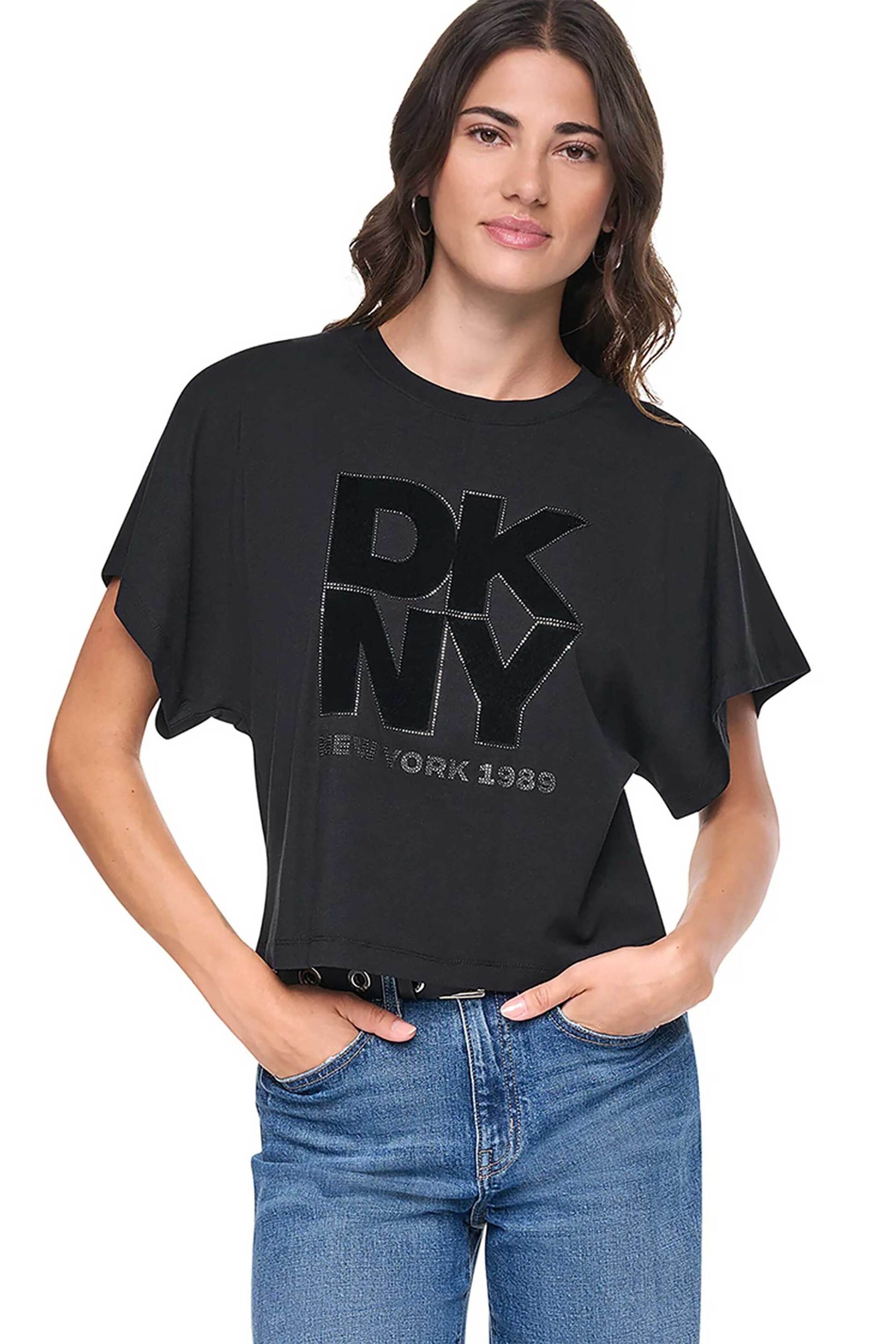 DKNY γυναικείο T-shirt με στρας στο λογότυπο Regular Fit - P6MHYENX Μαύρο