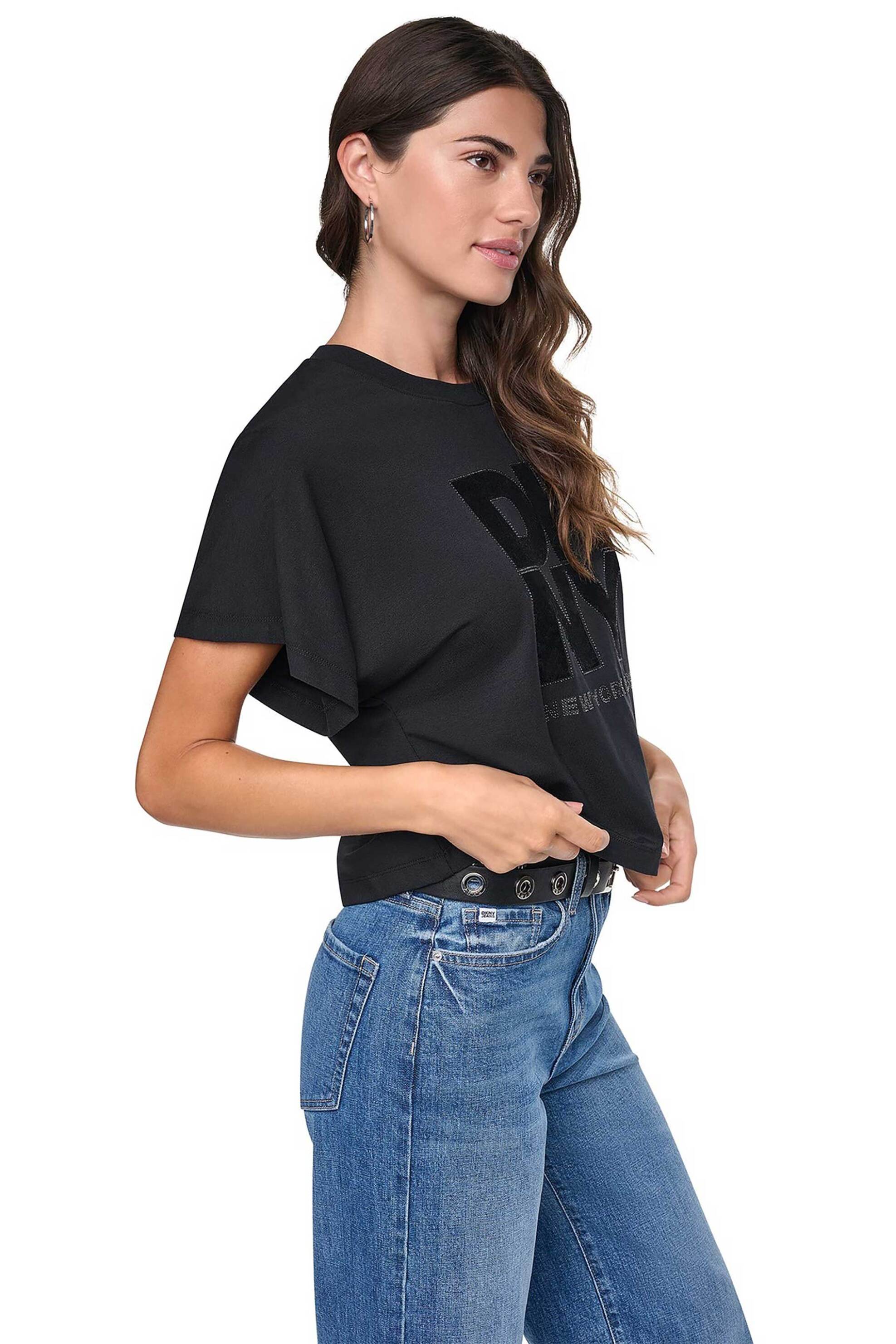DKNY γυναικείο T-shirt με στρας στο λογότυπο Regular Fit - P6MHYENX Μαύρο