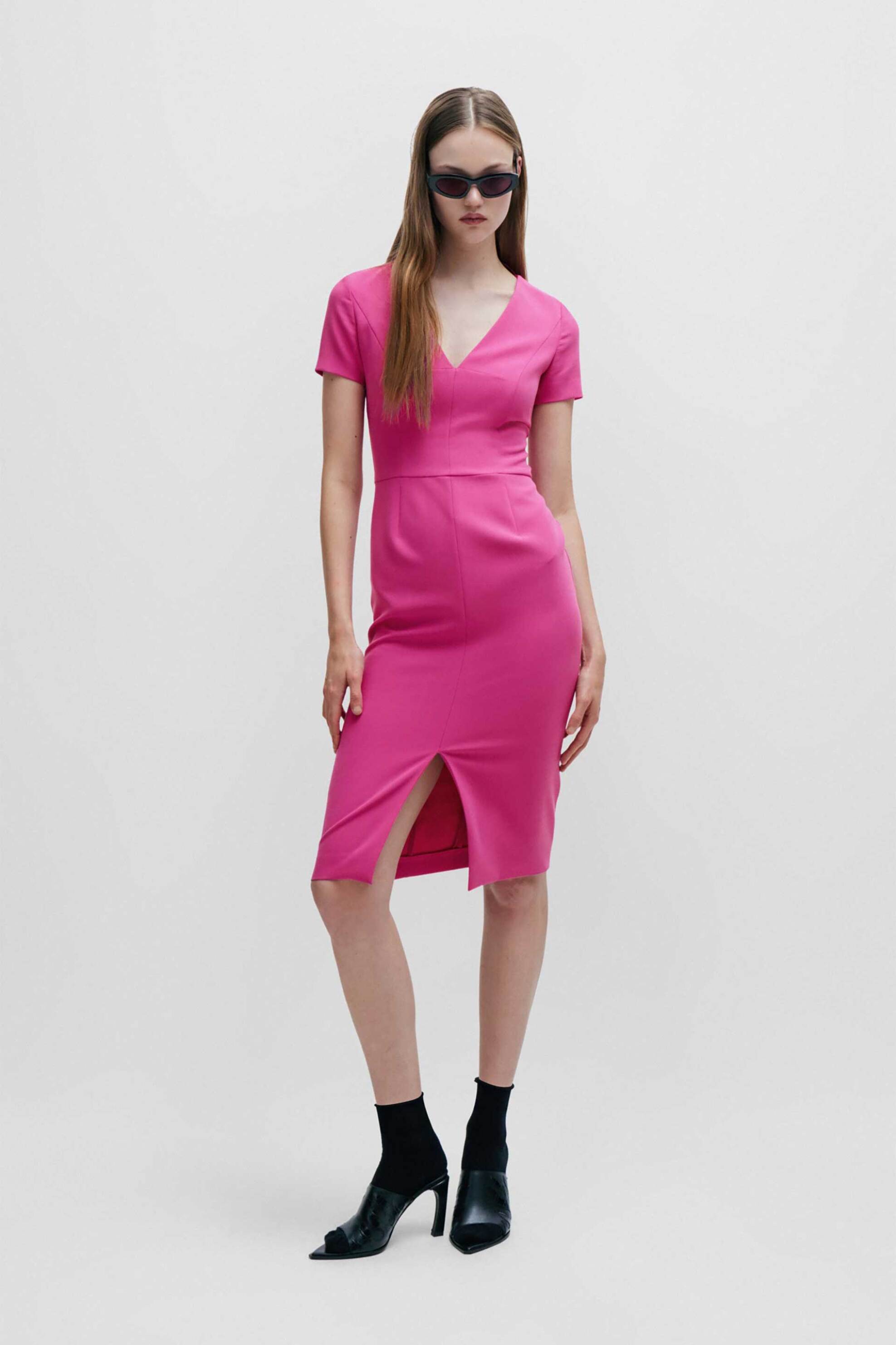 HUGO Hugo Boss γυναικείο midi φόρεμα μονόχρωμο με σκίσιμο μπροστά "Κalamara" - 50508611 Φούξια