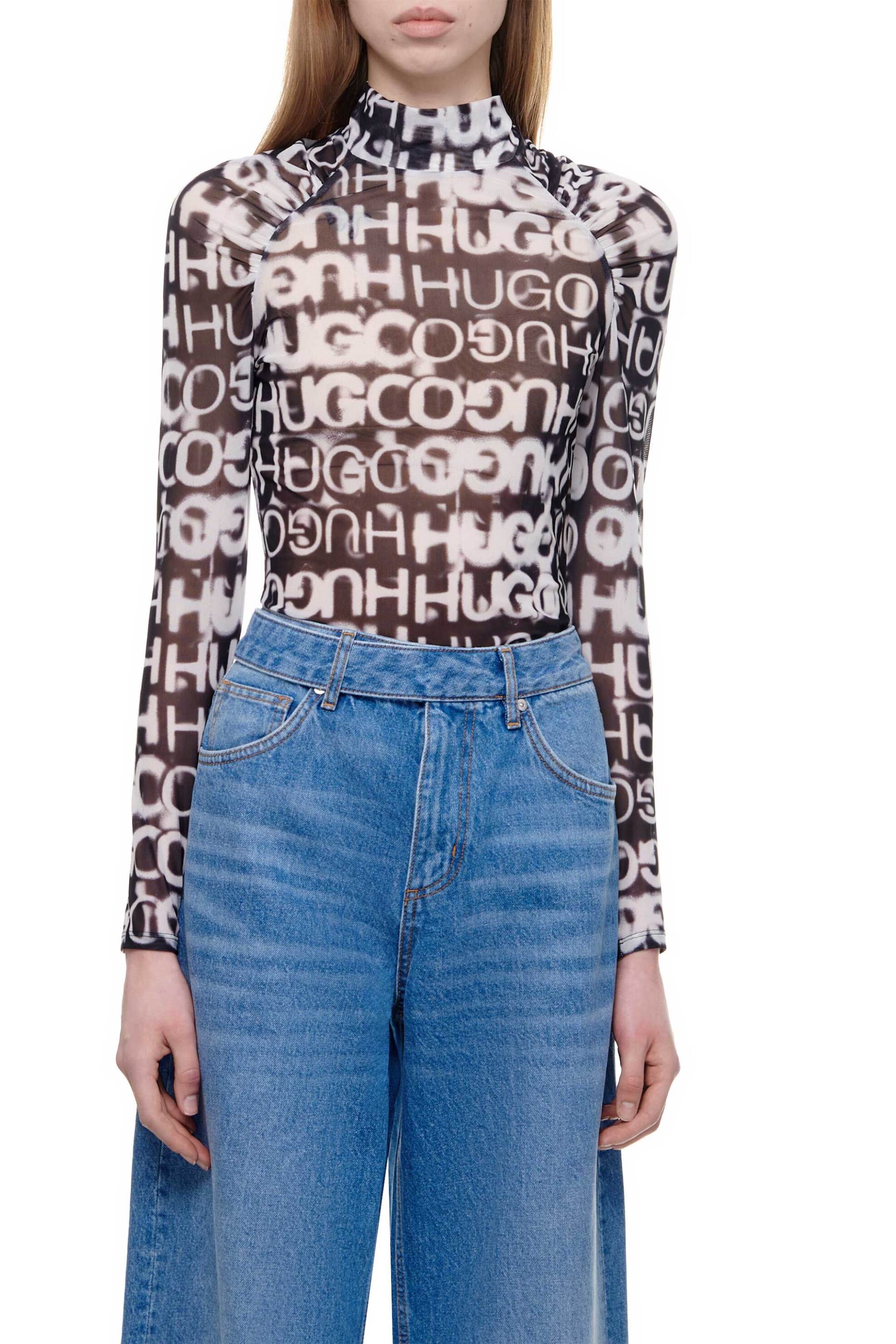 Hugo Boss γυναικεία μπλούζα με all-over contrast logo print και σούρες μπροστά 