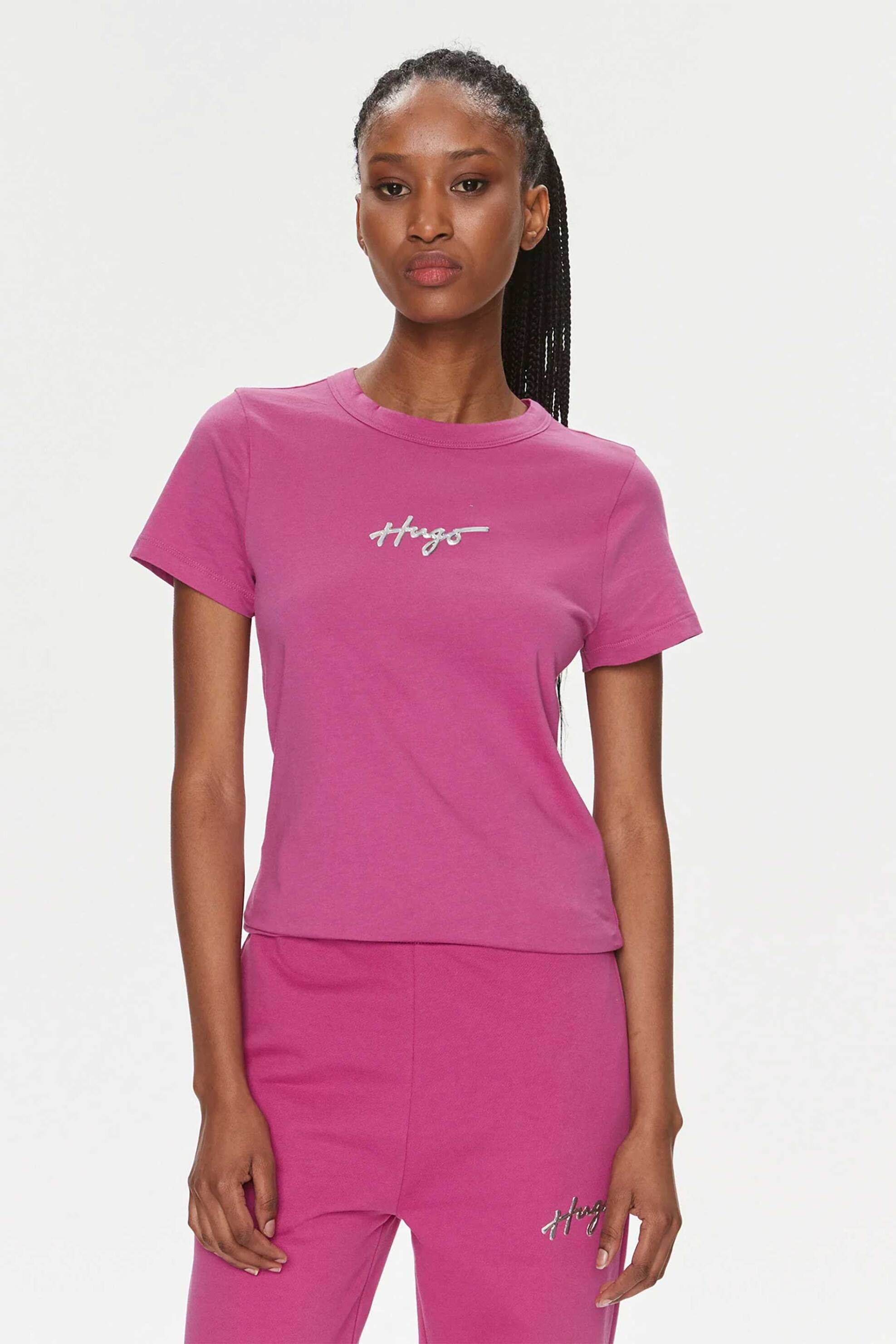 Hugo Boss γυναικείο T-shirt βαμβακερό μονόχρωμο με ανάγλυφο λογότυπο 