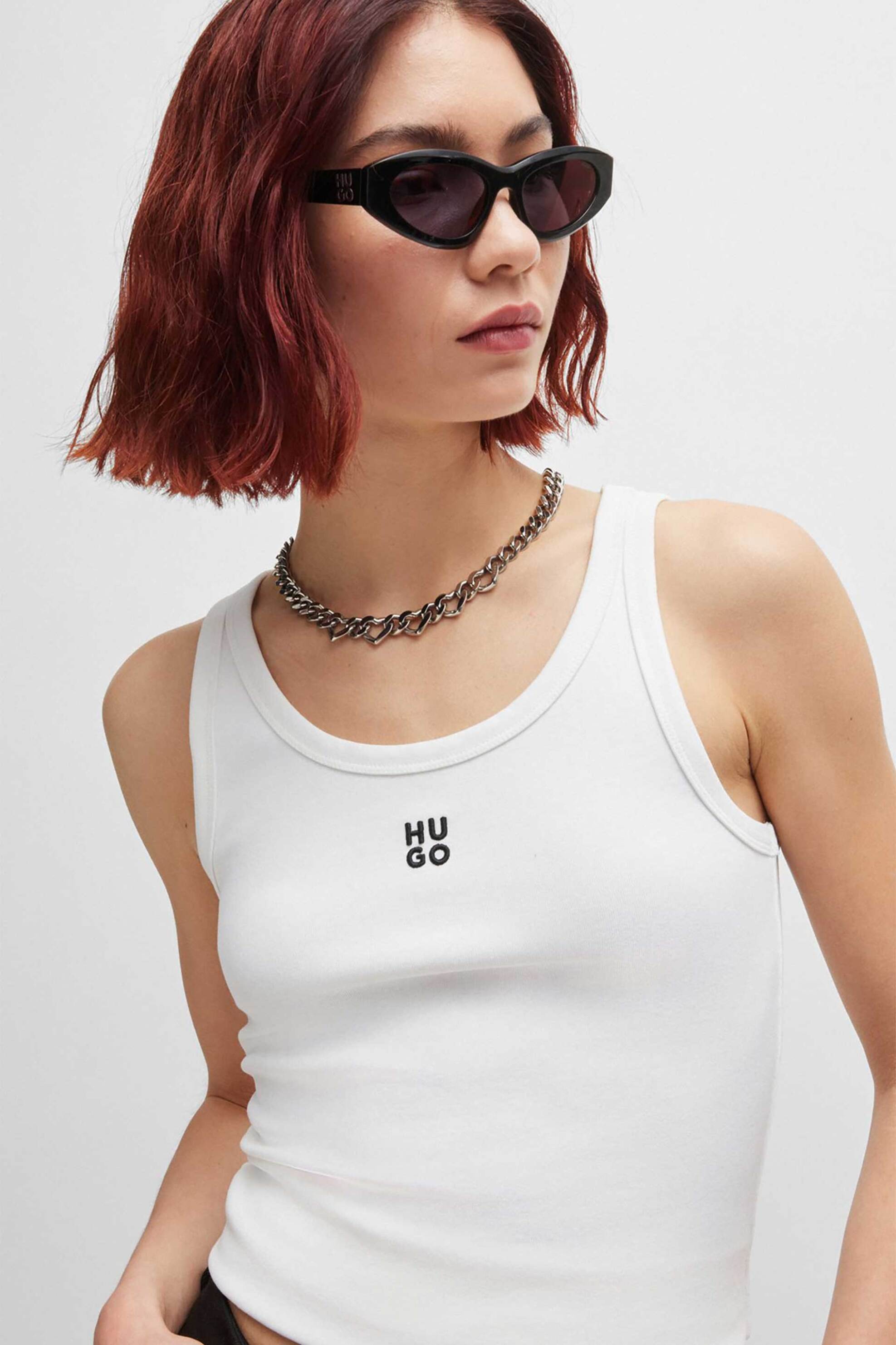 HUGO Hugo Boss γυναικείο αμάνικο τοπ μονόχρωμο με contrast logo print "Datamia" - 50514489 Λευκό - 3