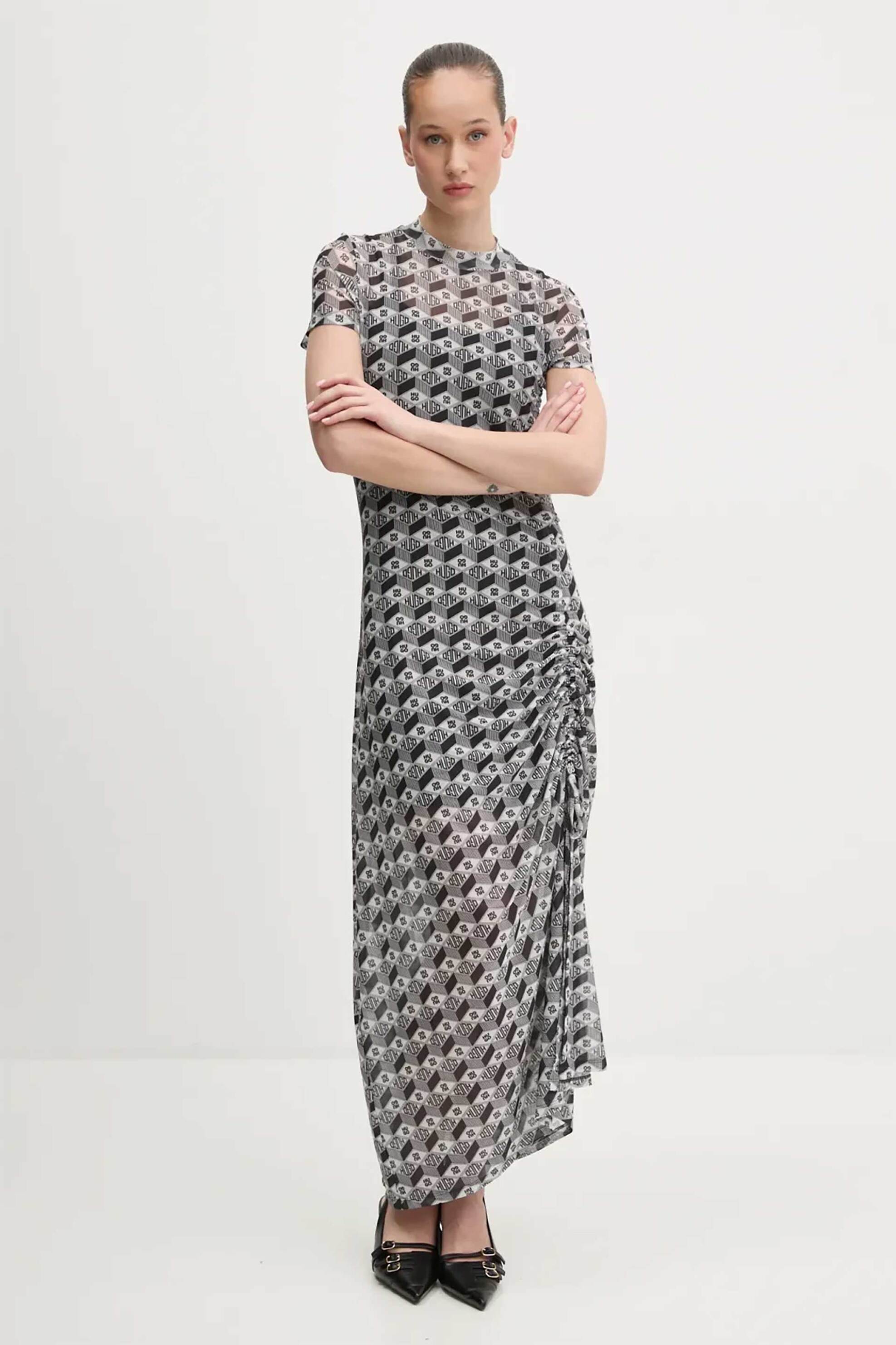 HUGO Hugo Boss γυναικείο maxi φόρεμα με all-over logo print Slim Fit "Nastoria" - 50537179 Μαύρο