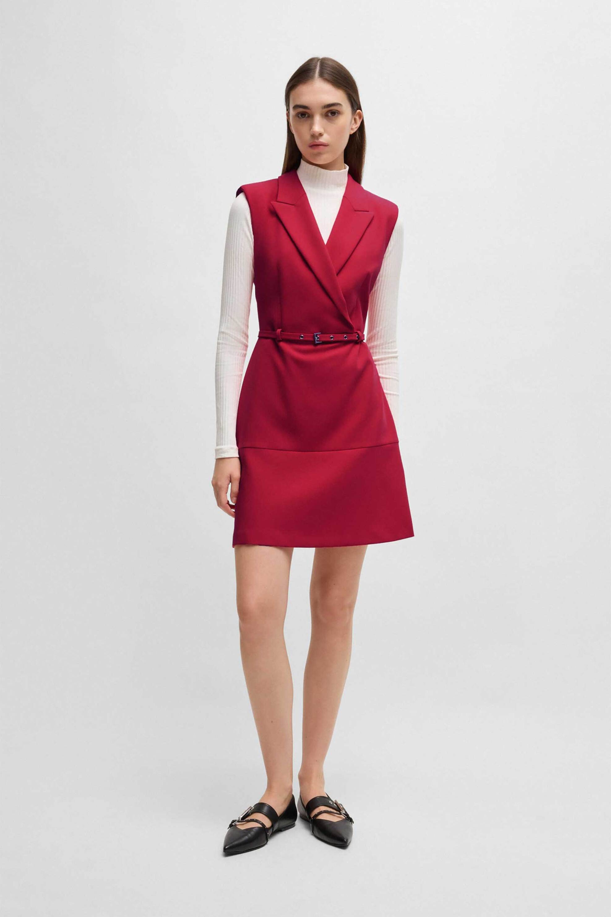 Hugo Boss γυναικείο mini φόρεμα αμάνικο κρουαζέ με ζώνη Regular Fit "Kamilan" - 50530459 Κόκκινο
