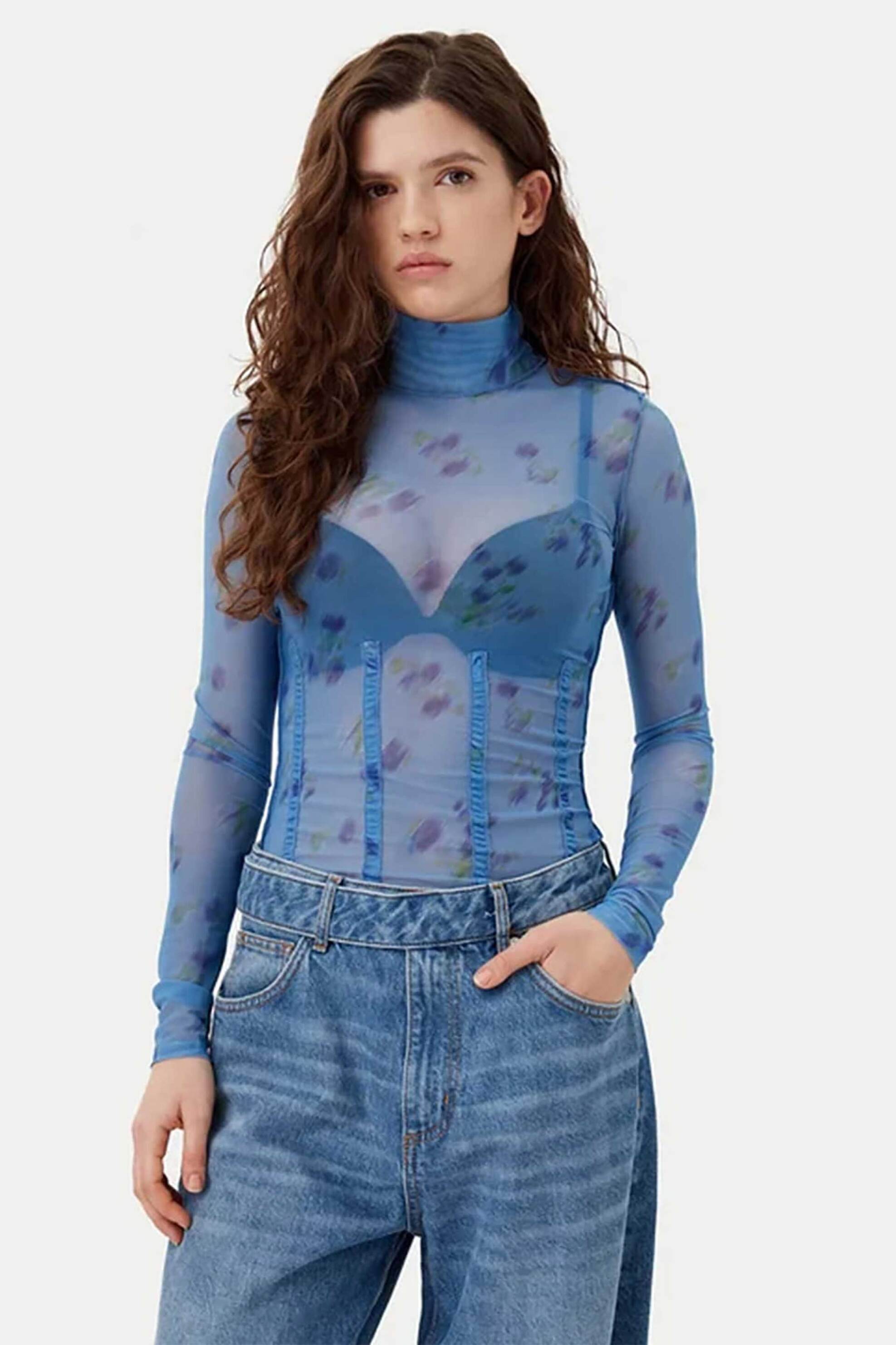 Hugo Boss γυναικείο τοπ ημιδιάφανο με all-over print Regular Fit "Delisabeta" - 50534053 Μπλε Ανοιχτό