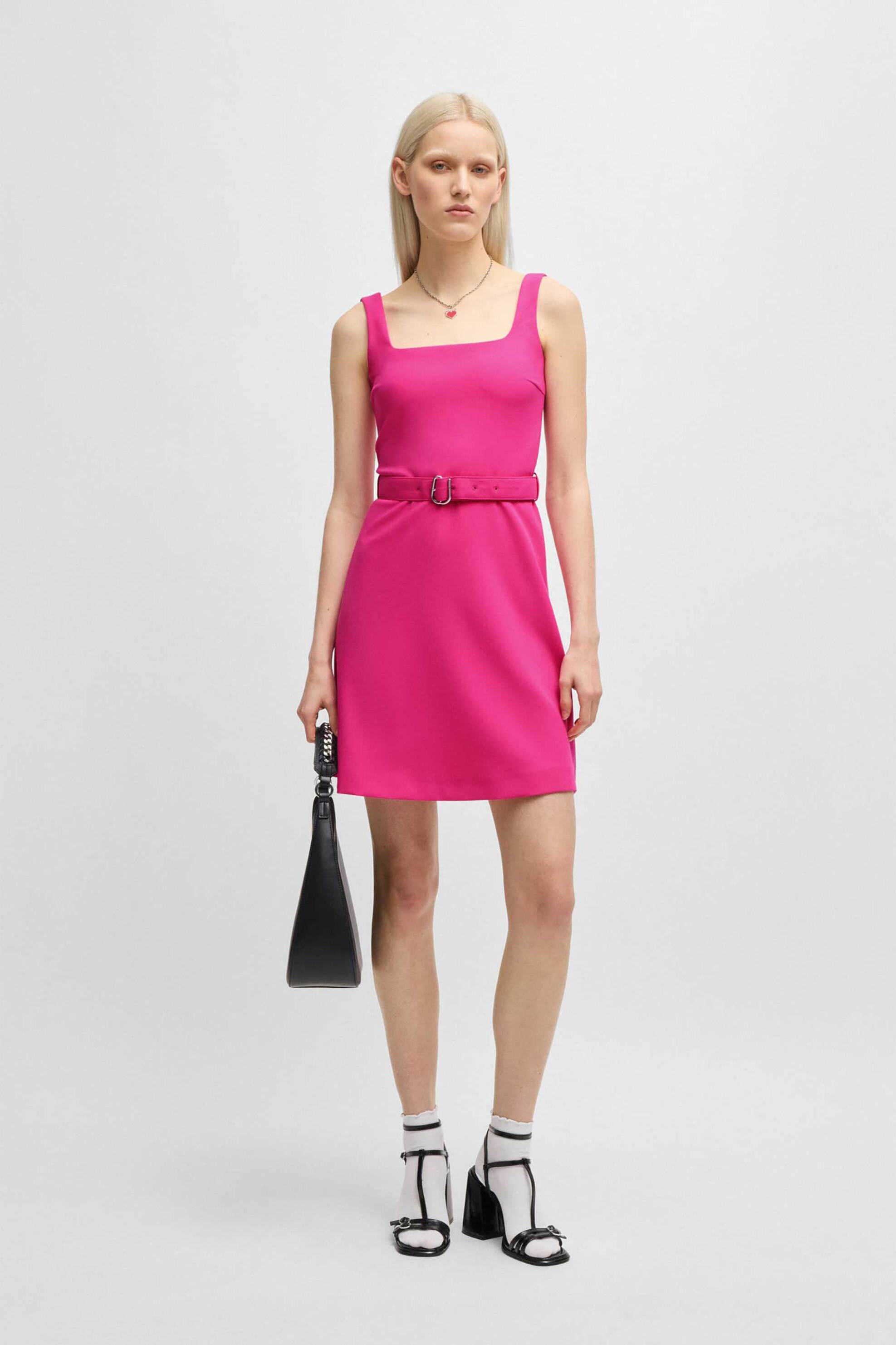 Hugo Boss γυναικείο mini φόρεμα με ασορτί ζώνη στη μέση Regular Fit - 50537631 Φούξια