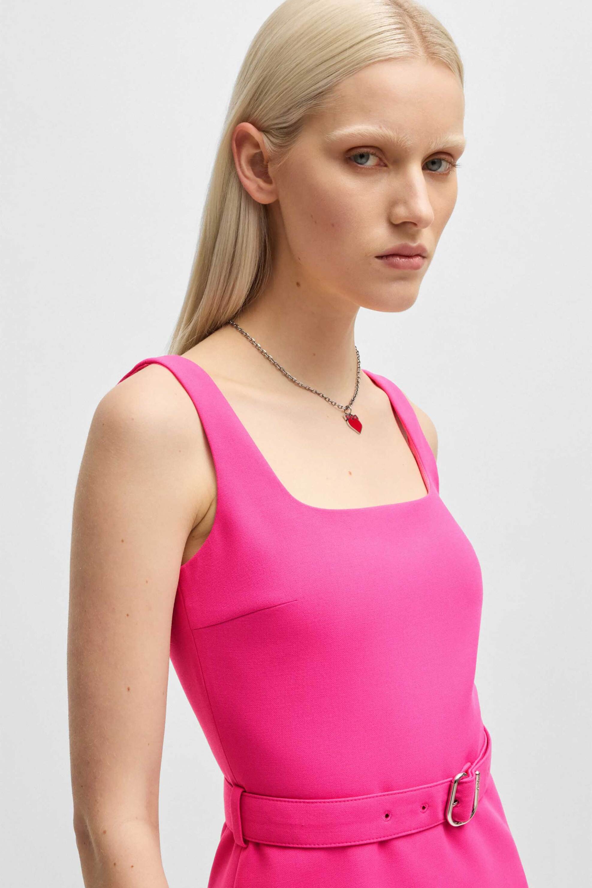 Hugo Boss γυναικείο mini φόρεμα με ασορτί ζώνη στη μέση Regular Fit - 50537631 Φούξια