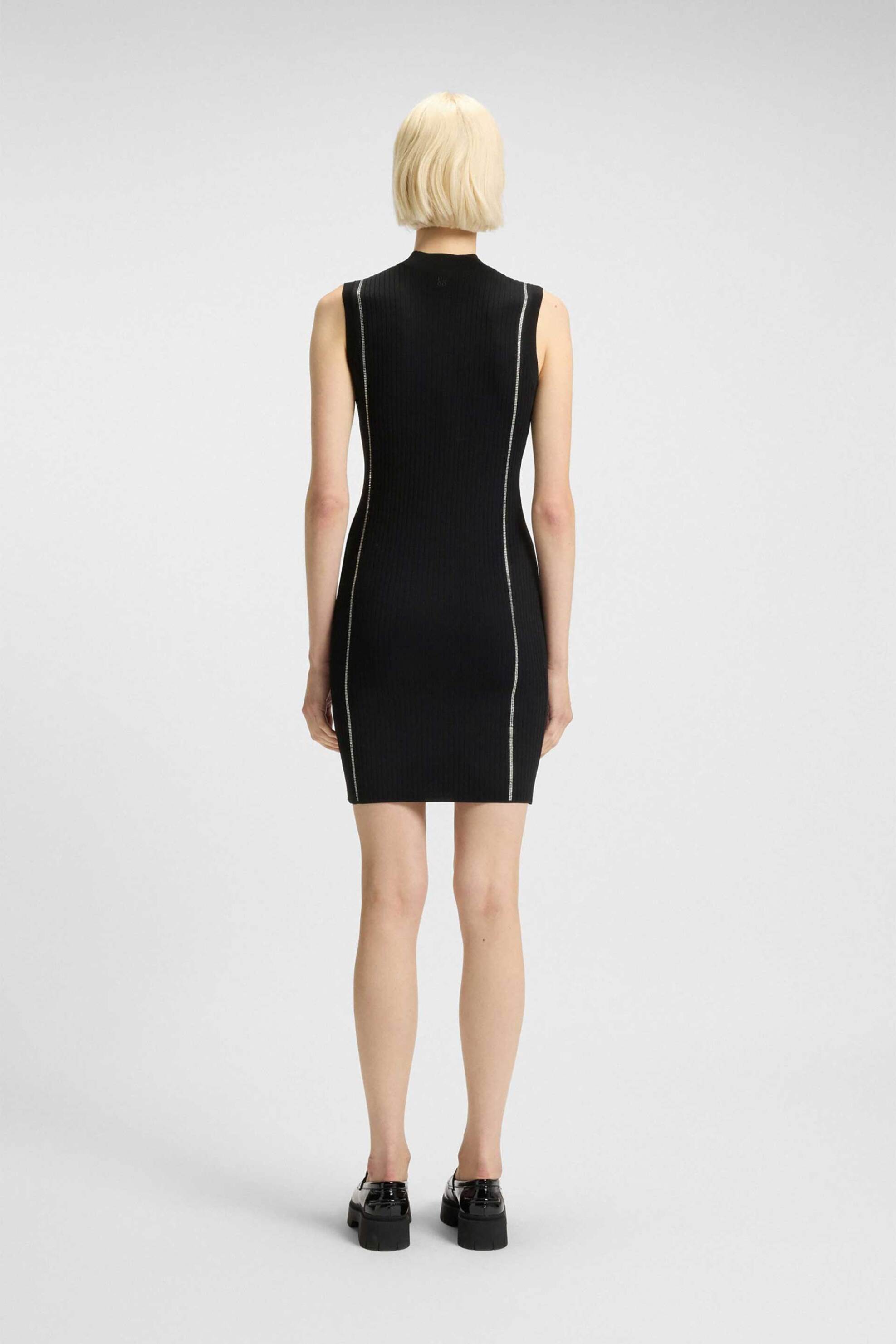 HUGO Hugo Boss γυναικείο πλεκτό mini φόρεμα αμάνικο με ρίγες από στρας Slim Fit "Sbonny" - 50548258 Μαύρο - 4
