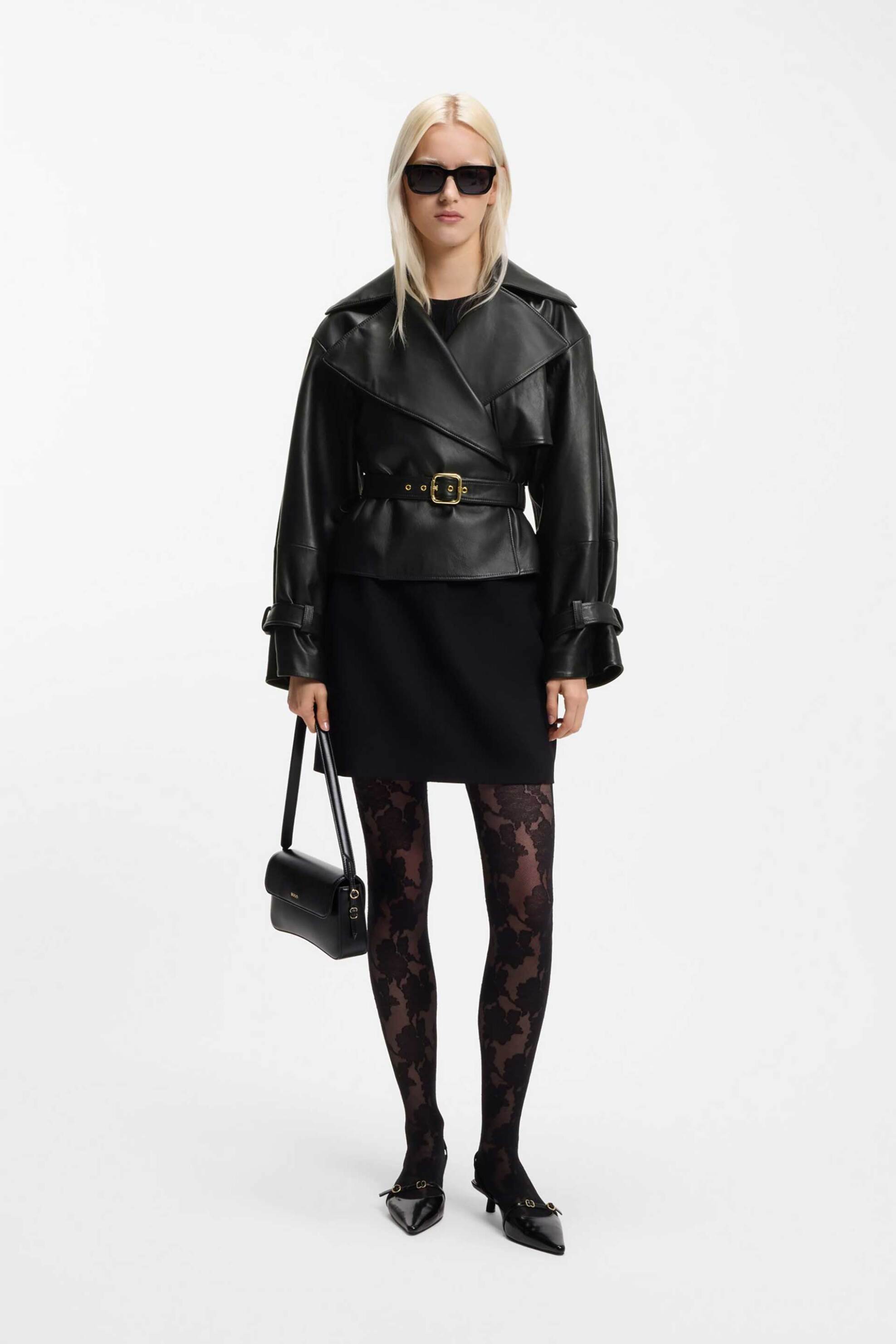 Hugo Boss γυναικείο μπουφάν δερμάτινο με ζώνη "Lanitte" - 50560068 Μαύρο φωτογραφία