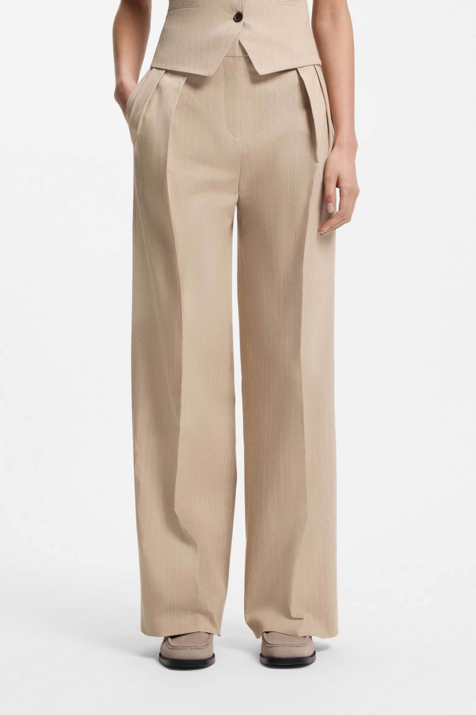HUGO Hugo Boss γυναικείο παντελόνι ριγέ Wide Fit "Henesa" - 50559771 Μπεζ - 3