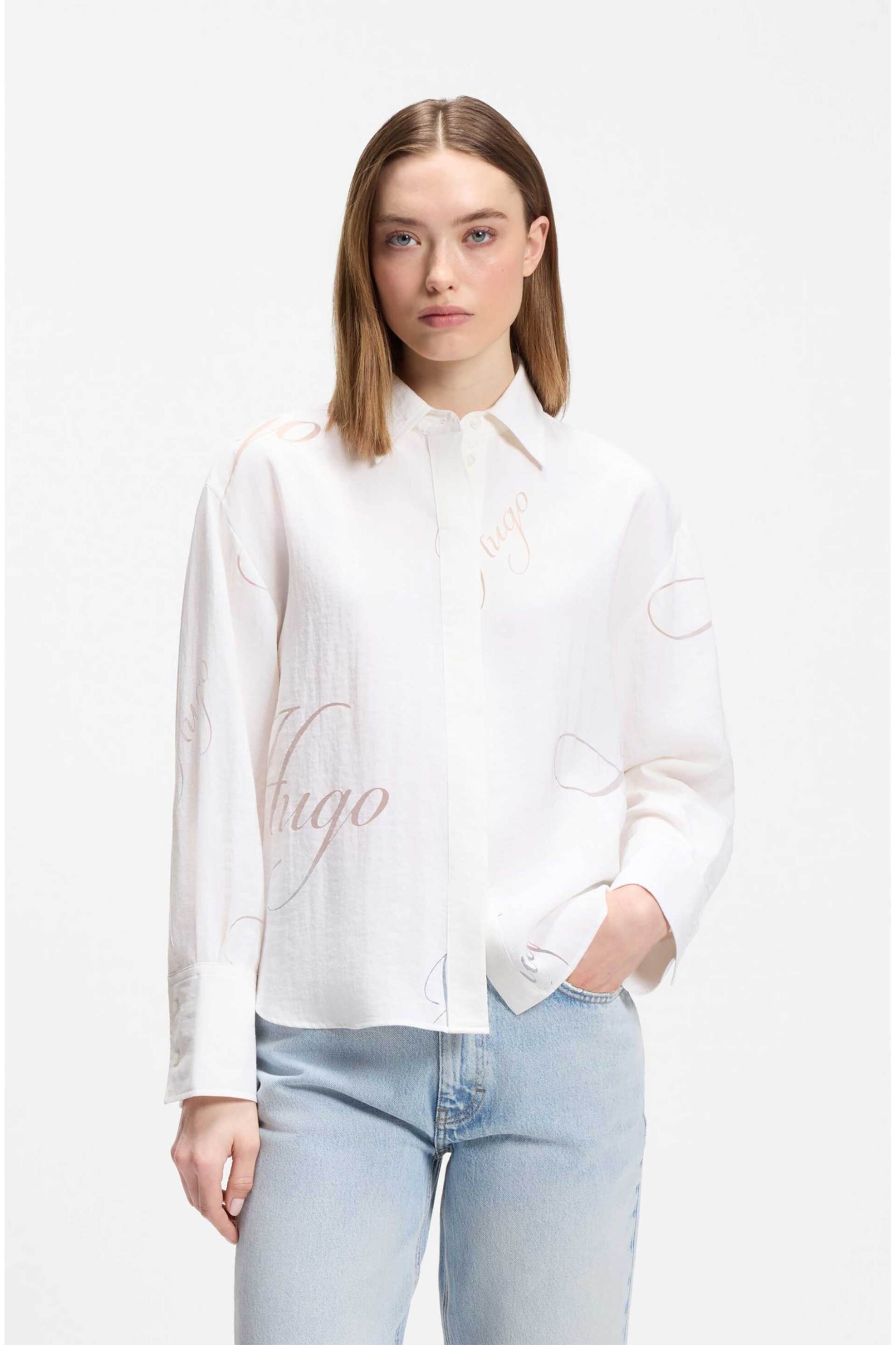 HUGO Hugo γυναικείο πουκάμισο με λογότυπο Relaxed Fit "Echinacea" - 50562585 Λευκό