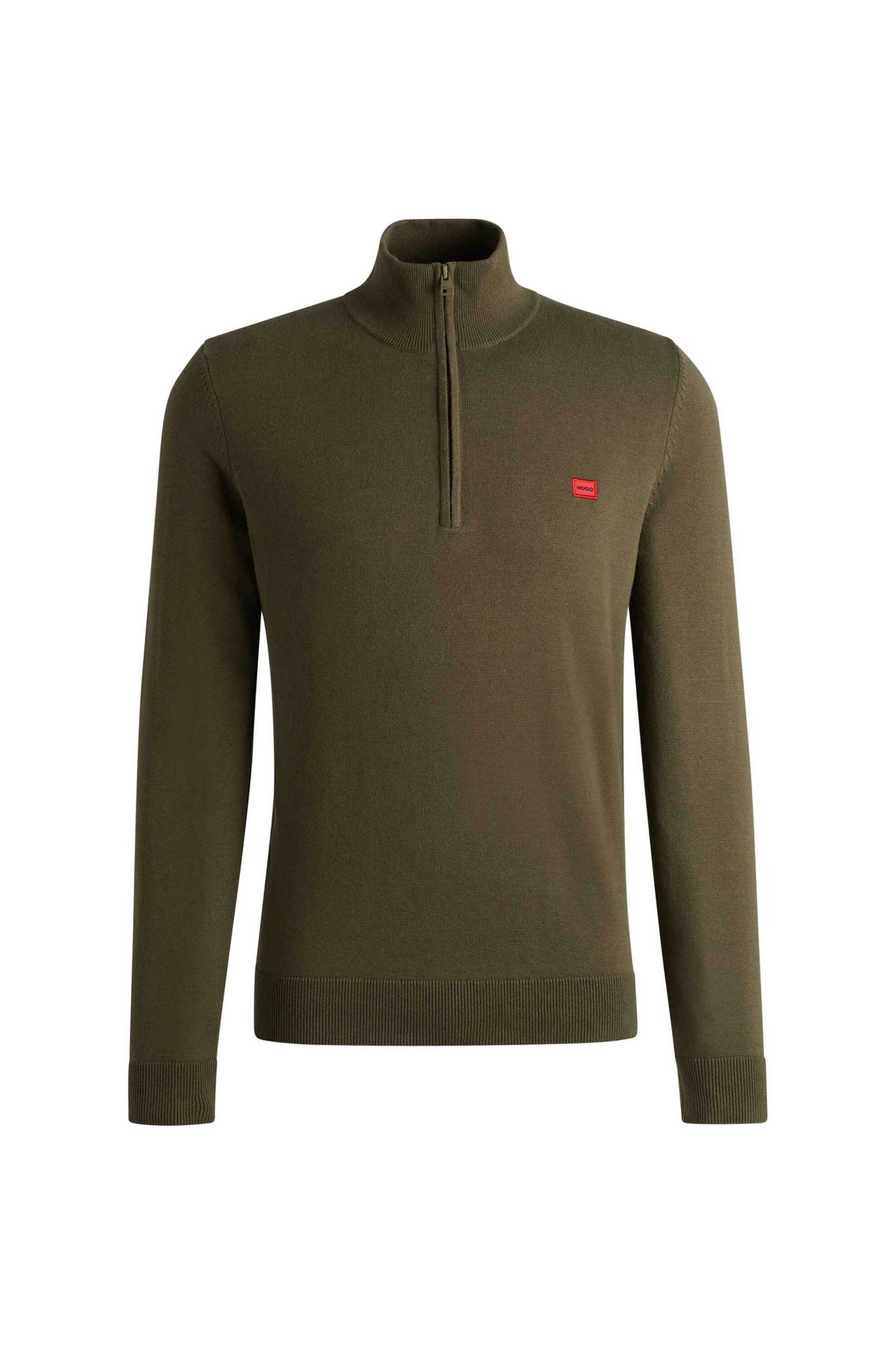 Hugo Boss ανδρικό πουλόβερ με 1/2 φερμουάρ και logo patch Regular Fit "San Quintus" - 50474164 Λαδί