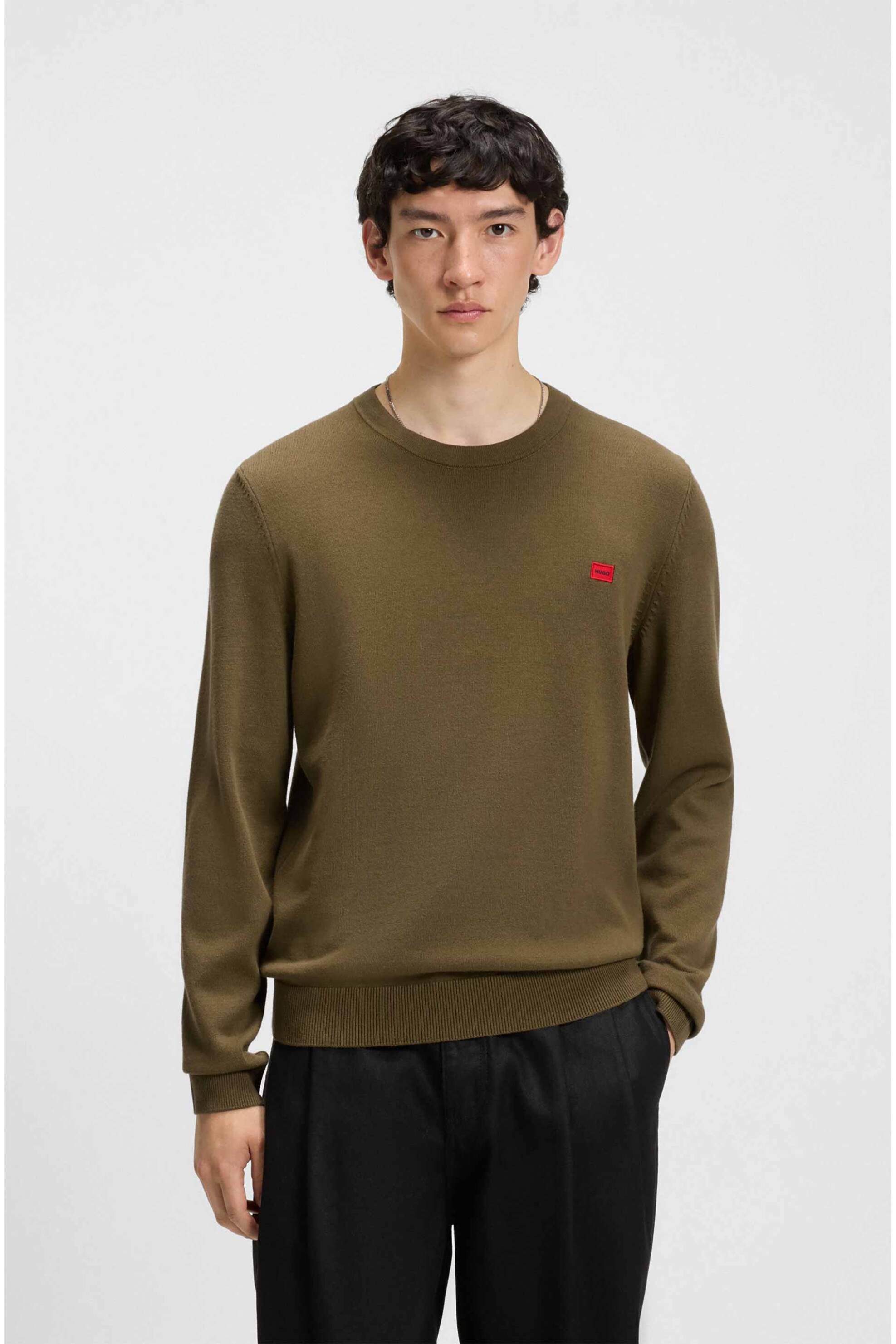 Hugo Boss ανδρικό πουλόβερ μονόχρωμο με λογότυπο "San Cassius" - 50475083 Λαδί