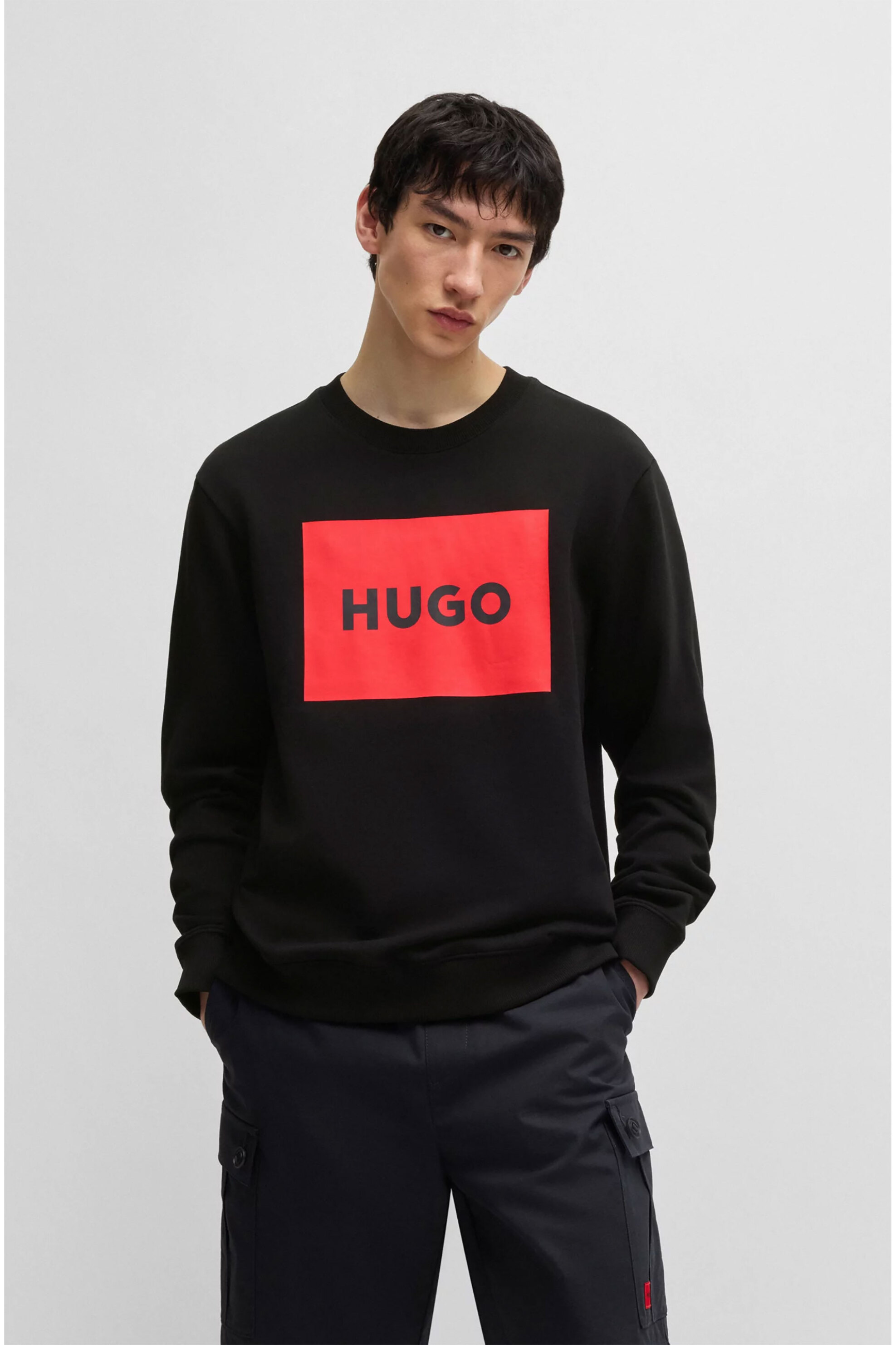 Hugo Boss ανδρική μπλούζα φούτερ με boxed contrast logo print Regular Fit "Duragol222" - 50467944 Μαύρο - Κόκκινο