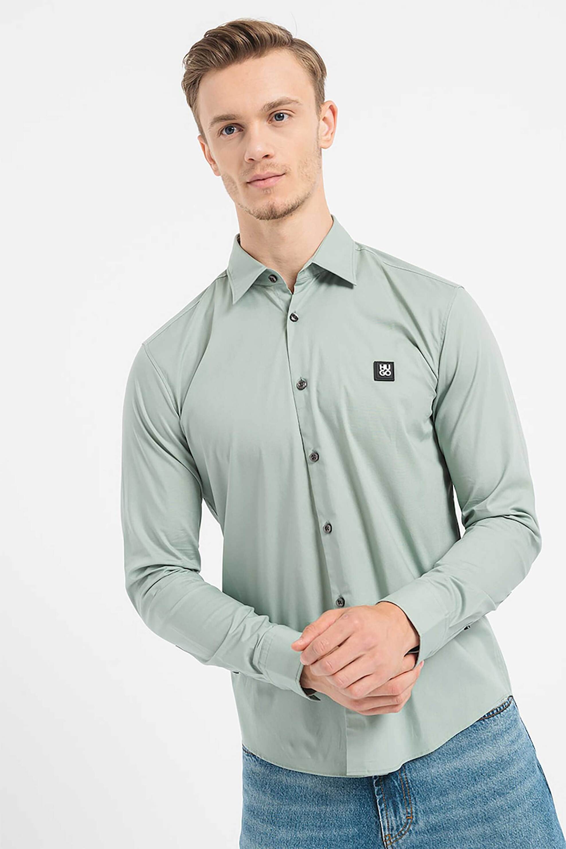 Hugo Boss ανδρικό πουκάμισο μονόχρωμο με logo patch - 50505315 Βεραμάν Ανοιχτό